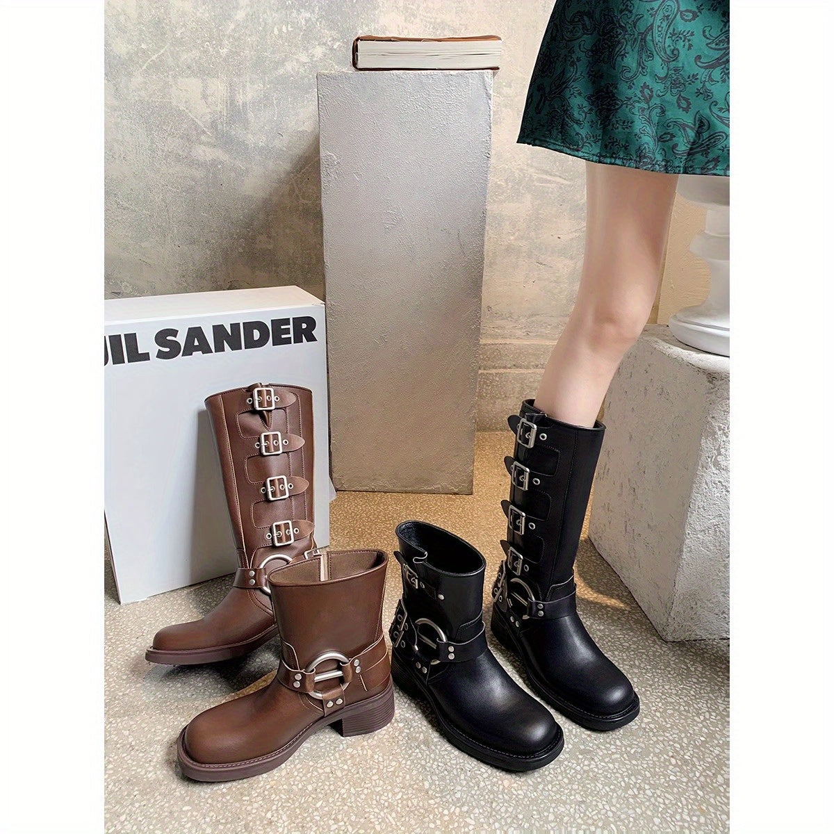 Women's Knee-High Cowboy Boots with Cushioned Insole and Buckles