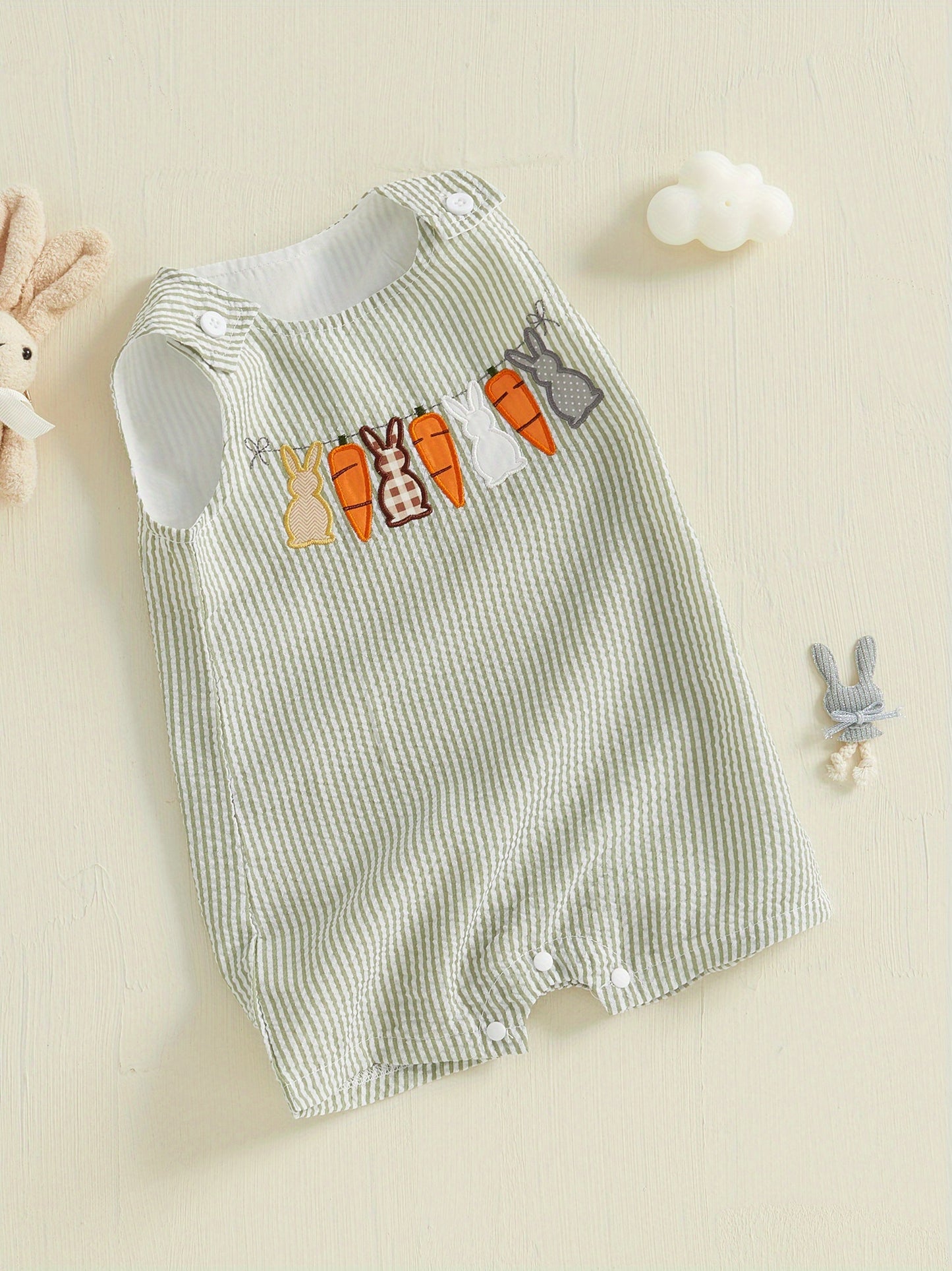Toddler Girls Boys Overall Rompers Easter Clothes Rabbit Carrot Embroidered Sleeveless Baby Bodysuits Jumpsuits for Outdoor Fun
