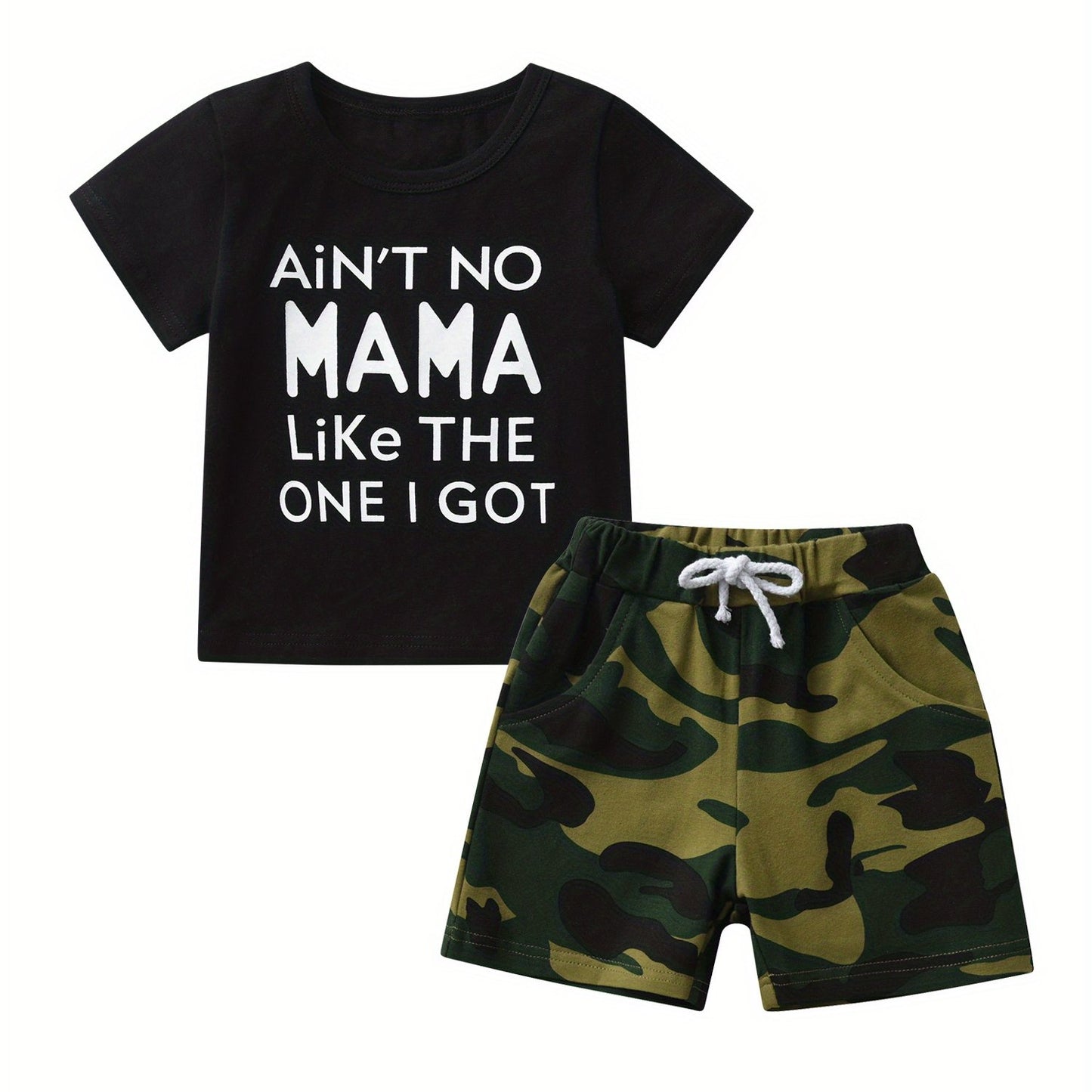 Summer Kids Boys Casual Short Sleeve Letter T Shirt And Camouflage Shorts Clothing Set For Outdoor Activities