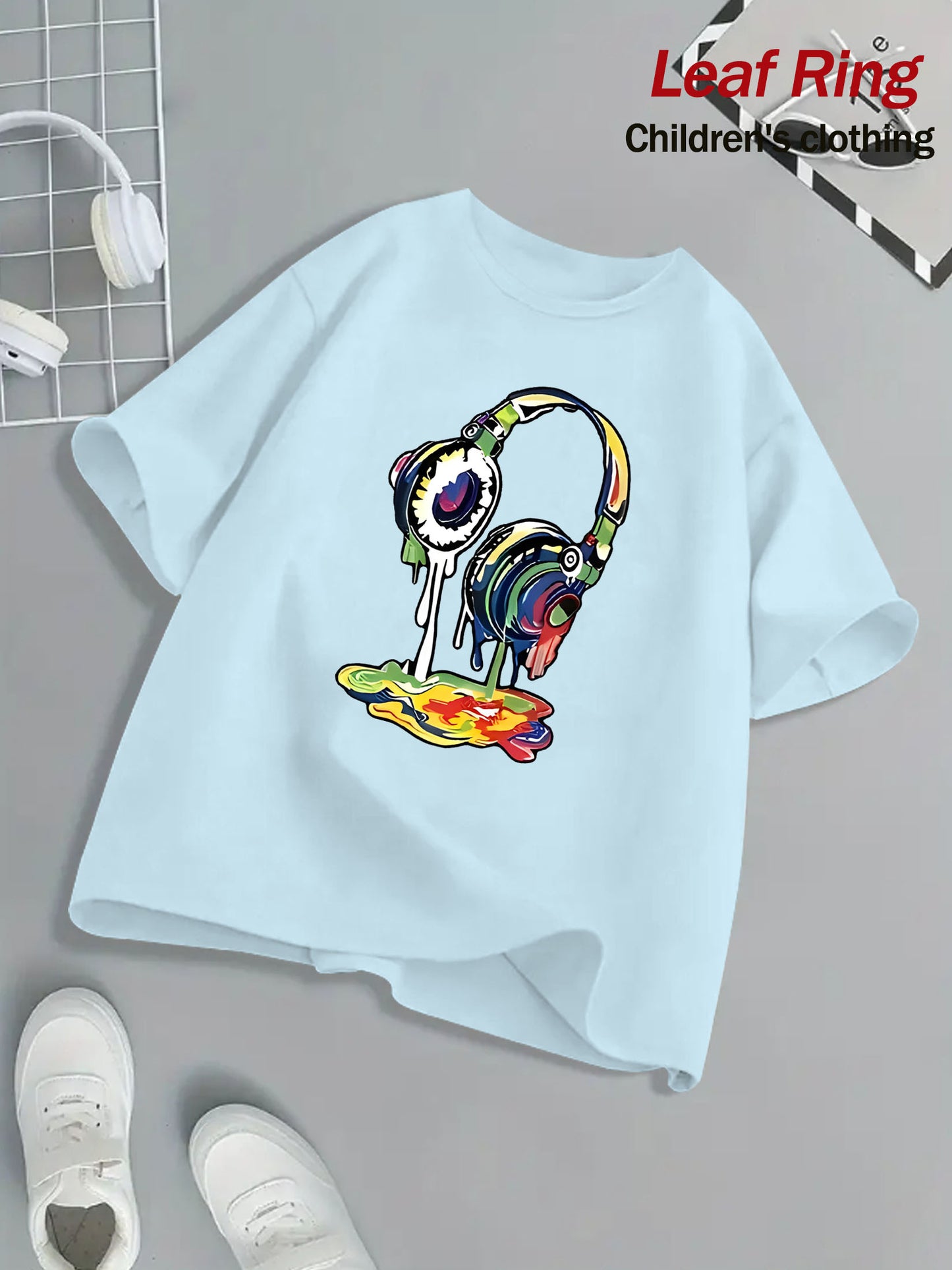 Kids Headphone Paint Print T-Shirt Vibrant Street Art Graphic Tee 10 Color Options 100 Percent Cotton Loose Fit Short Sleeve Summer Casual Wear for Boys and Girls Machine Washable Festive Children's Clothing Trendy Youth Fashion