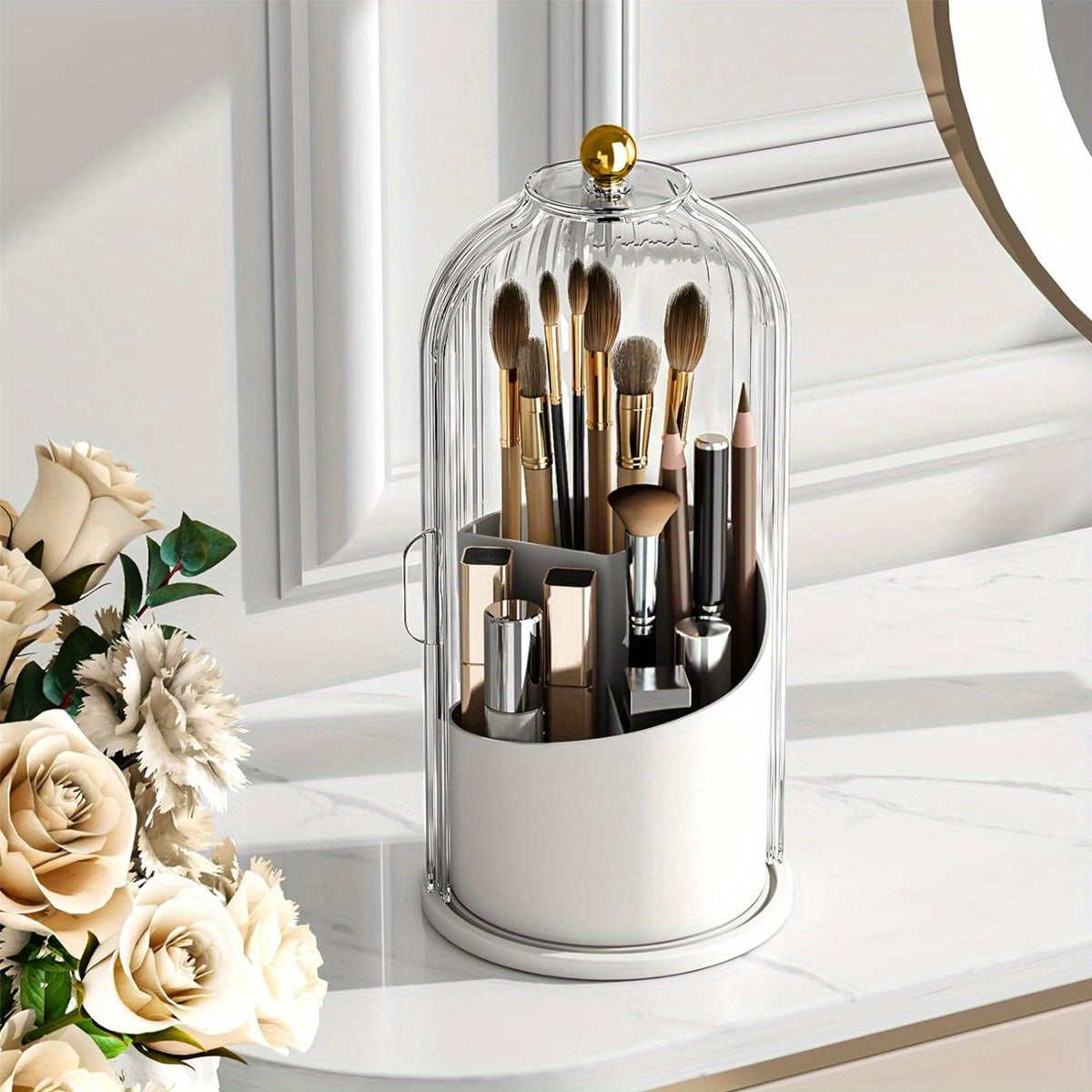 Rotating Makeup Brush Holder with Lid for Organized Vanity