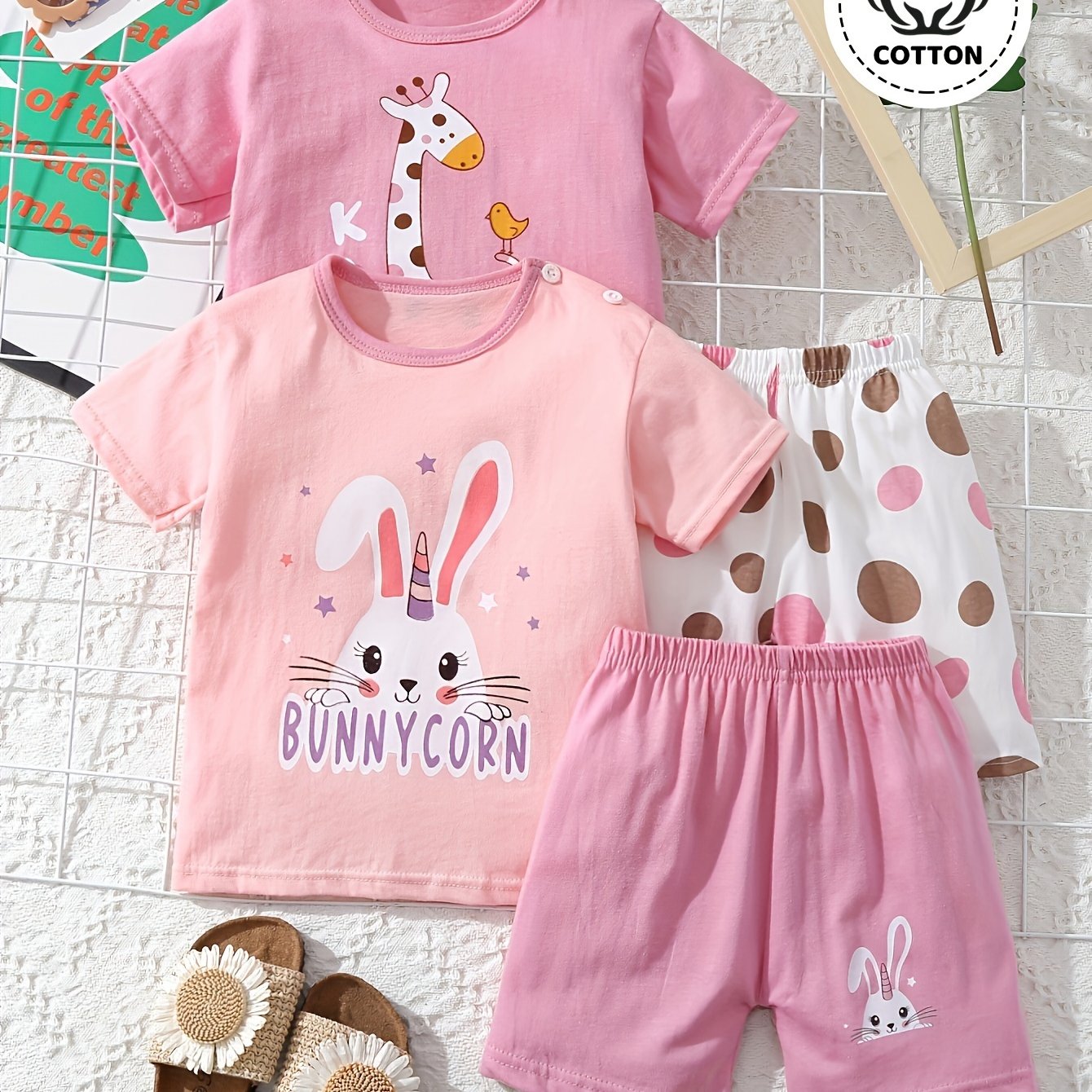 4 Pieces Summer Set Comfortable Breathable Children's Short Sleeve Set New Girls Clothes T-Shirt Baby Beach Summer Clothing Kids Easter Gift for Outdoor