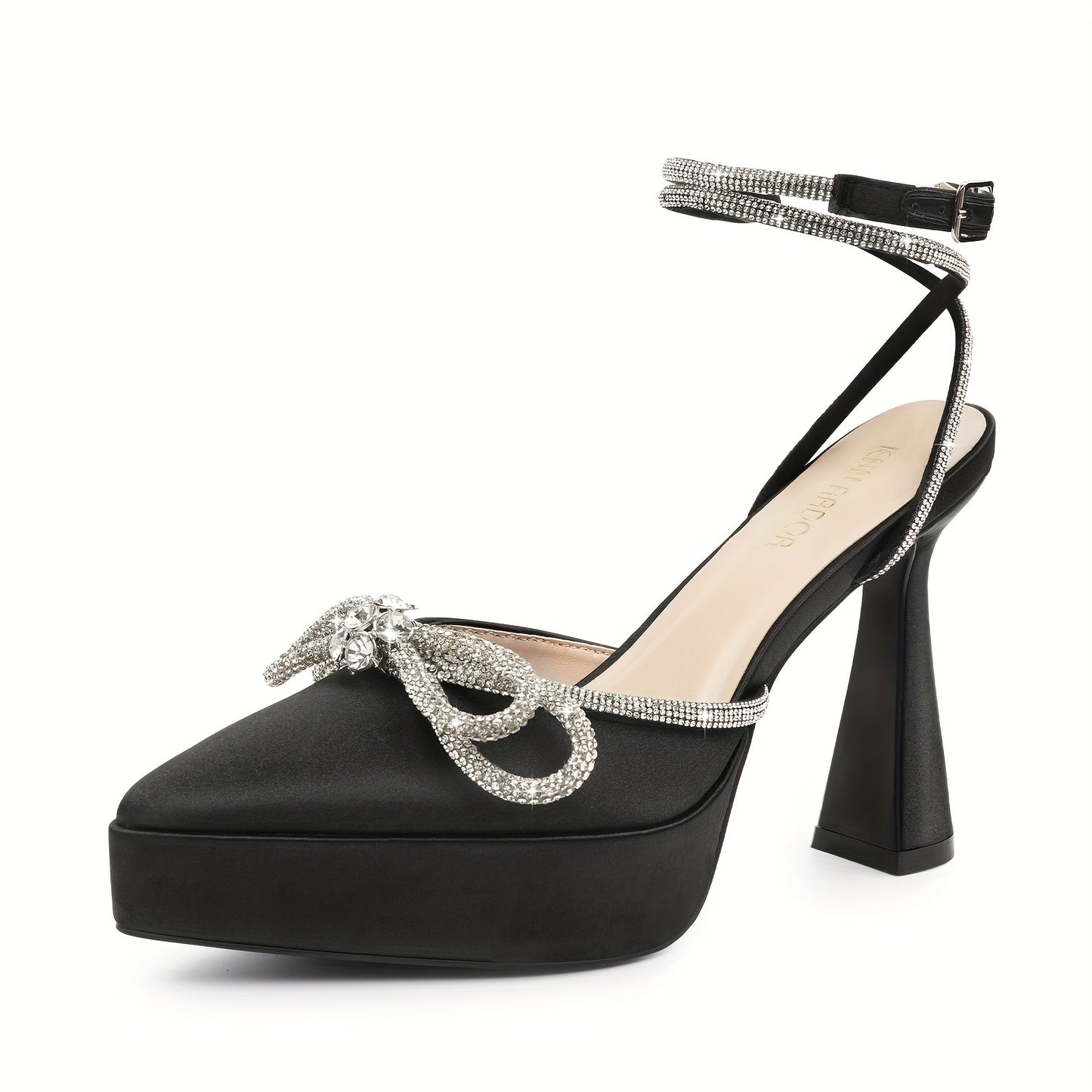 Black Rhinestone Stiletto Sandals for Women 5 Inch High Heel Pointed Toe Platform Shoes with Bow Non Slip Rubber Sole Elegant for Party Prom and Valentine's Day Gifts