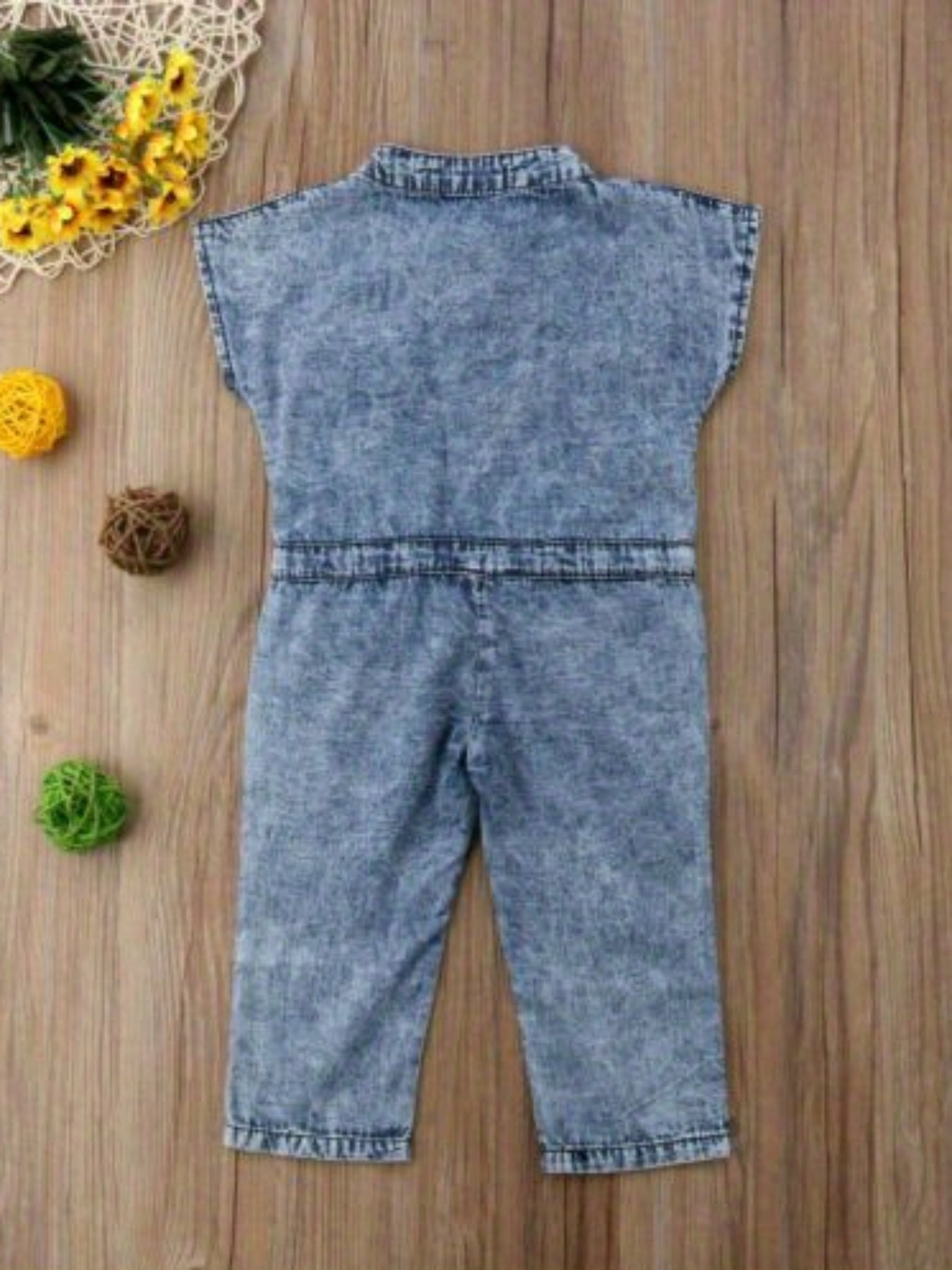 Girls Denim Jumpsuit Cute Sleeveless Folded Collar Button Outfit with Chest Pockets All Season Solid Color Woven Clothing