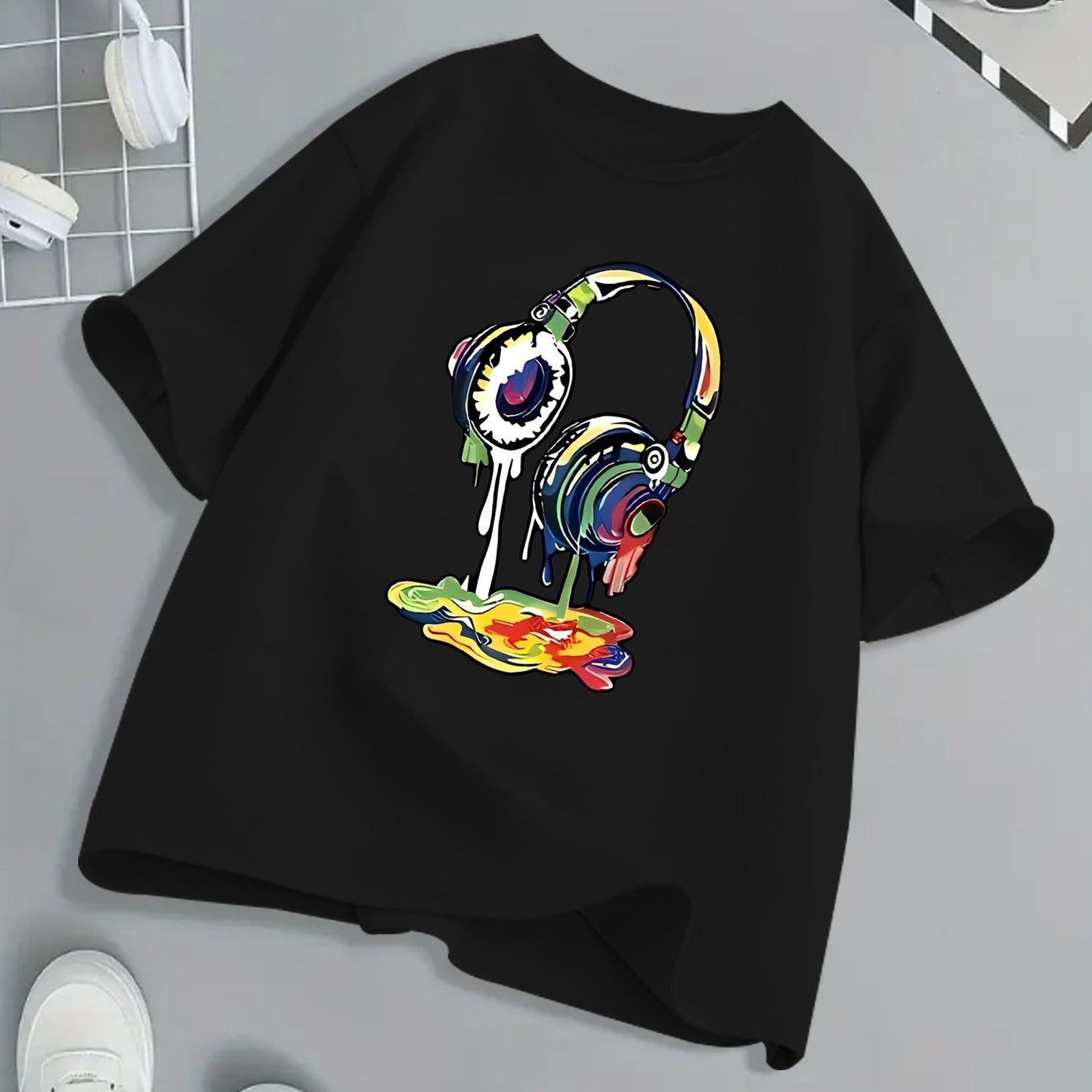 Kids Headphone Paint Print T-Shirt Vibrant Street Art Graphic Tee 10 Color Options 100 Percent Cotton Loose Fit Short Sleeve Summer Casual Wear for Boys and Girls Machine Washable Festive Children's Clothing Trendy Youth Fashion