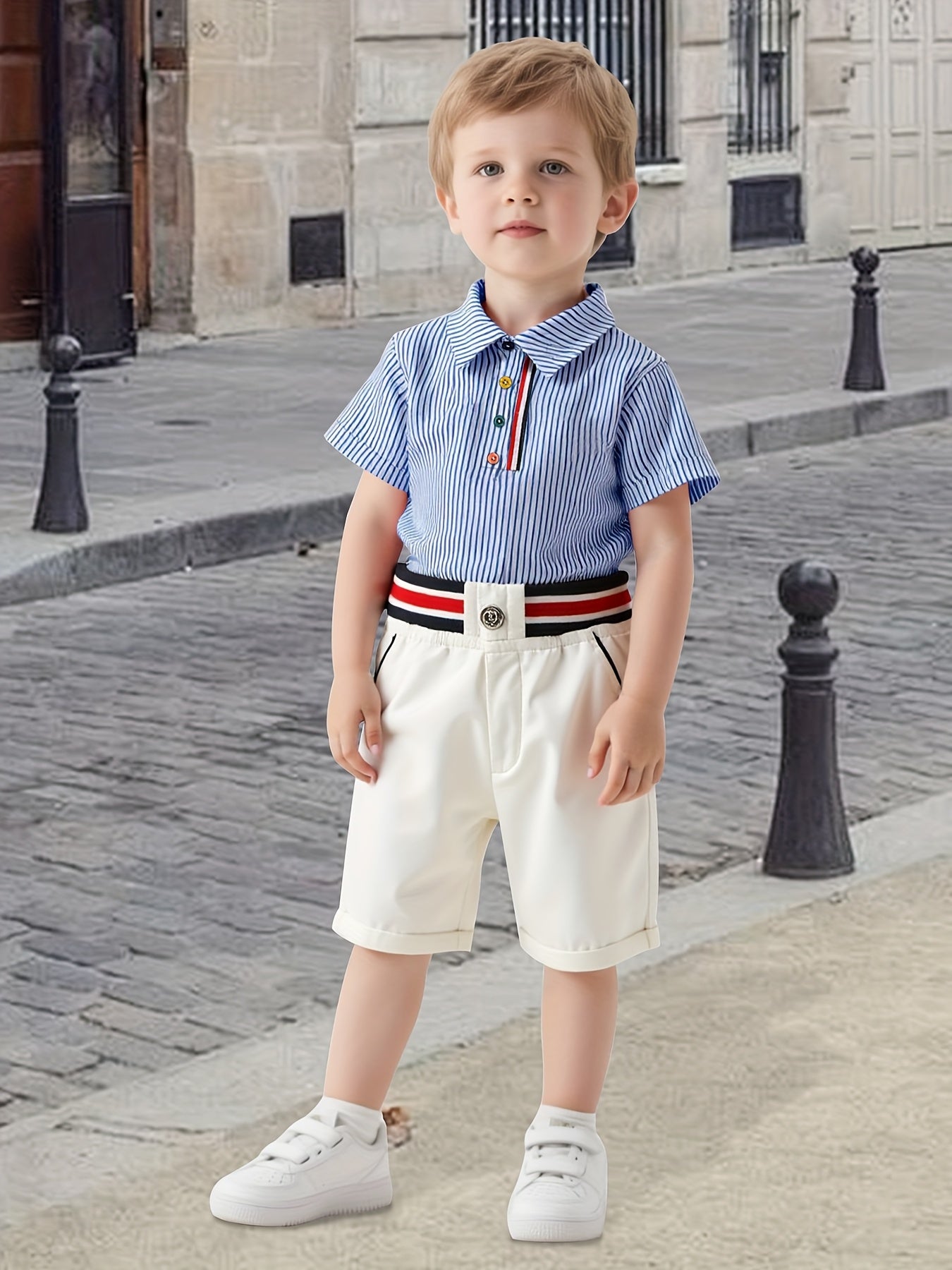 Boys Summer New European American Style Korean Short Sleeved Shirt Elastic Shorts Set Two Pieces