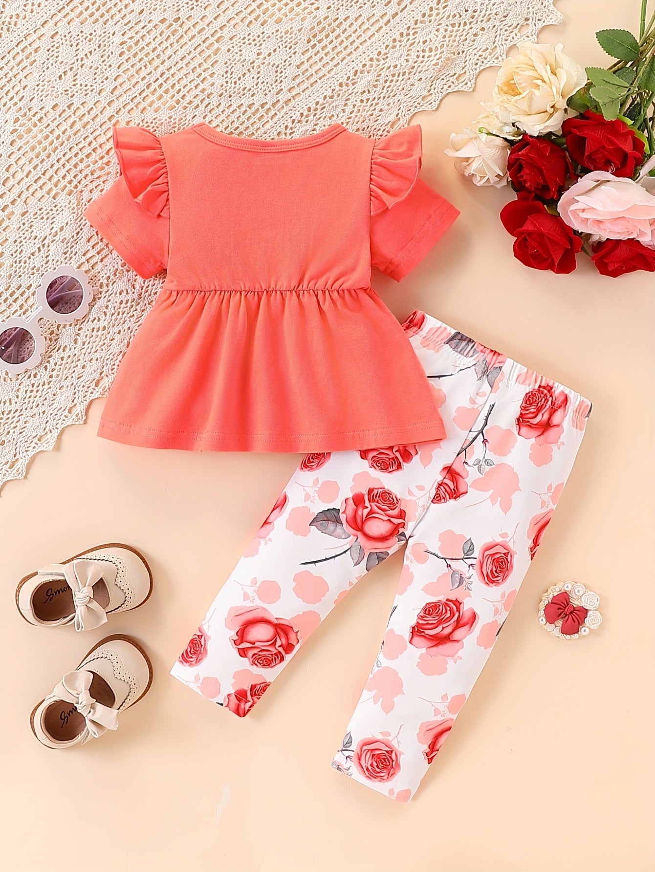 Toddler Summer Baby Girl Clothes Ruffle Short Sleeve T Shirt Floral Pants Headband 3 Pieces Newborn Infant Outfits for Outdoor Activities