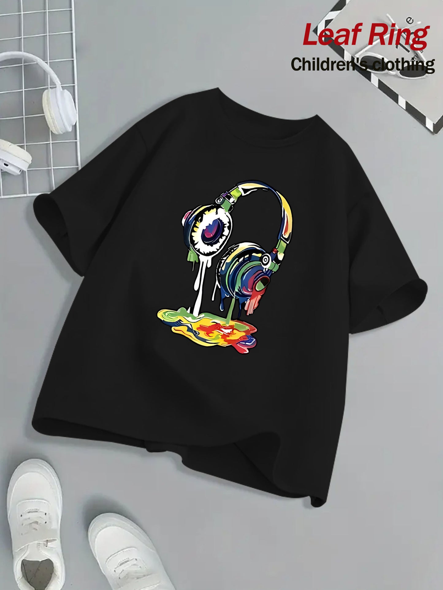 Kids Headphone Paint Print T-Shirt Vibrant Street Art Graphic Tee 10 Color Options 100 Percent Cotton Loose Fit Short Sleeve Summer Casual Wear for Boys and Girls Machine Washable Festive Children's Clothing Trendy Youth Fashion