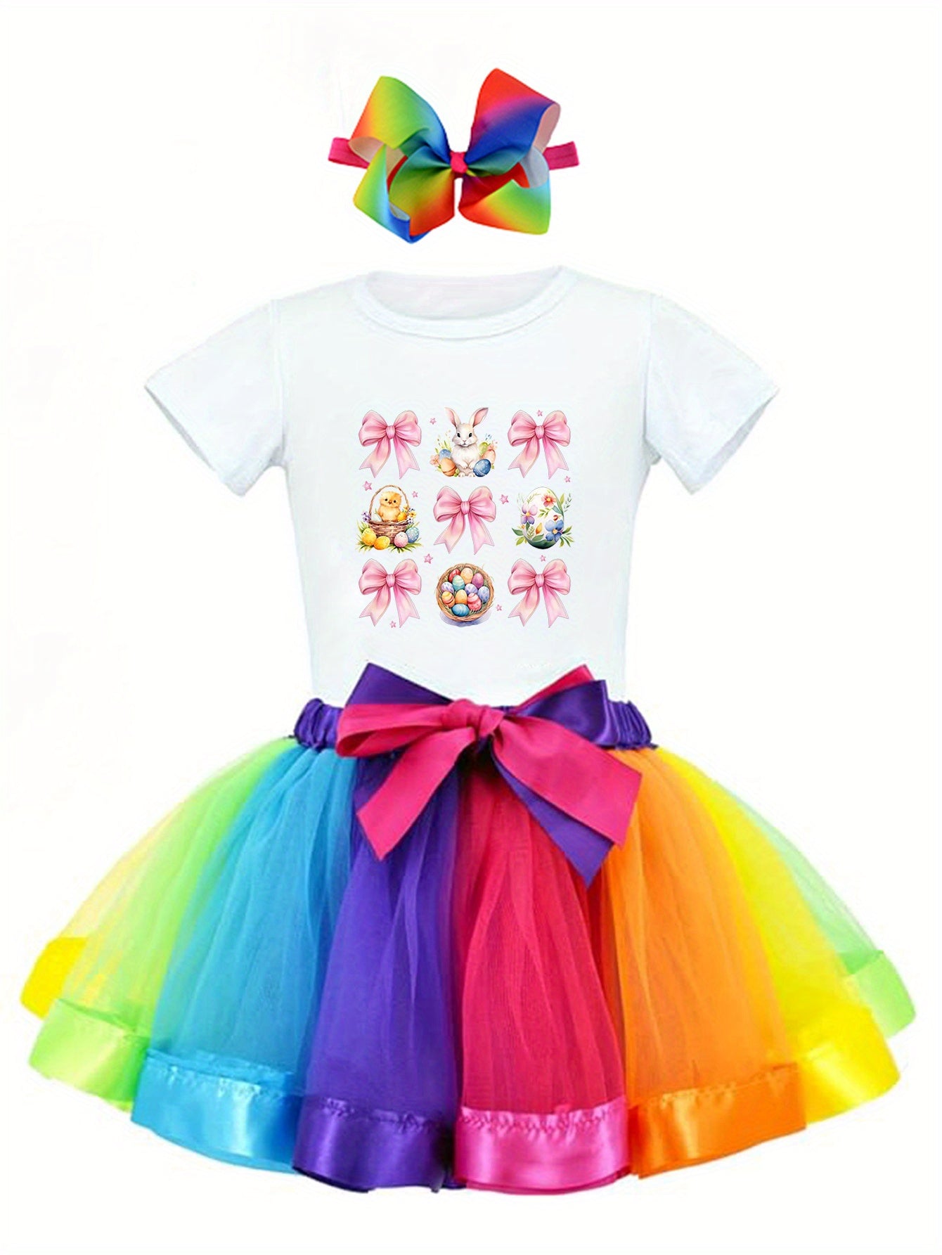 Rainbow Print Three-Piece Skirt Outfit Colorful Tutu Skirt Set for Outdoor Leisure and Home Wear