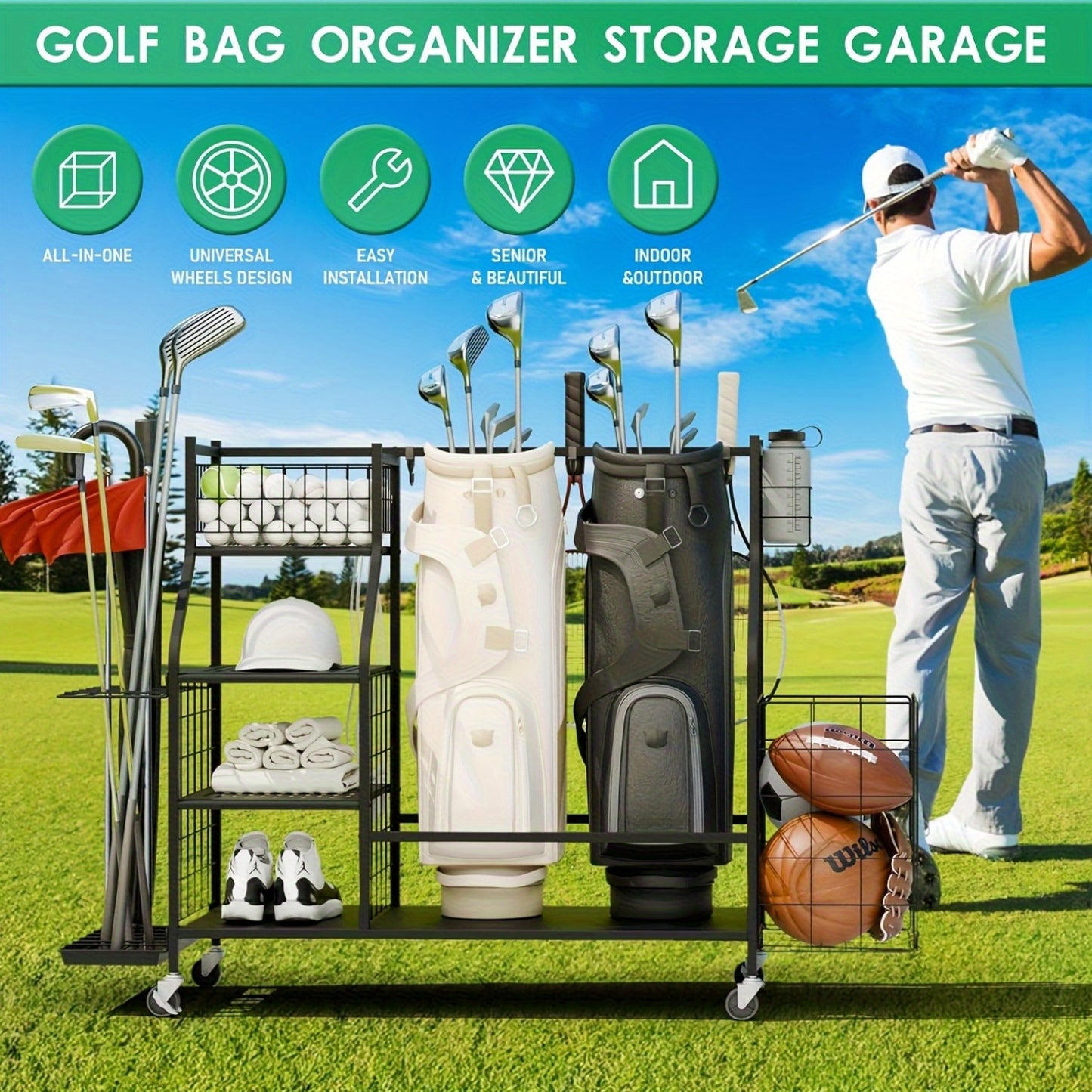 Golf Equipment Organizer With Wheels For Home And Garage
