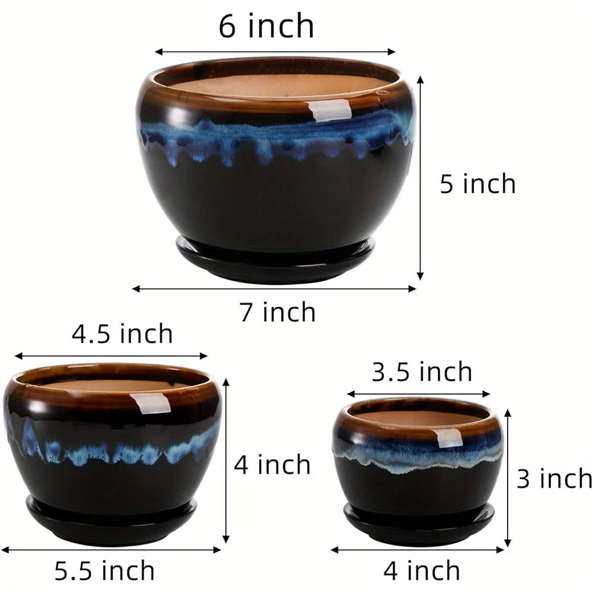 3 Pack Rustic Ceramic Flower Pots with Drip Glaze Finish Round Irregular Planters with Drainage Holes and Saucers Rust Resistant Indoor Outdoor Pots for Succulents Herbs Cactus Orchids Home and Office Decor Extra Large