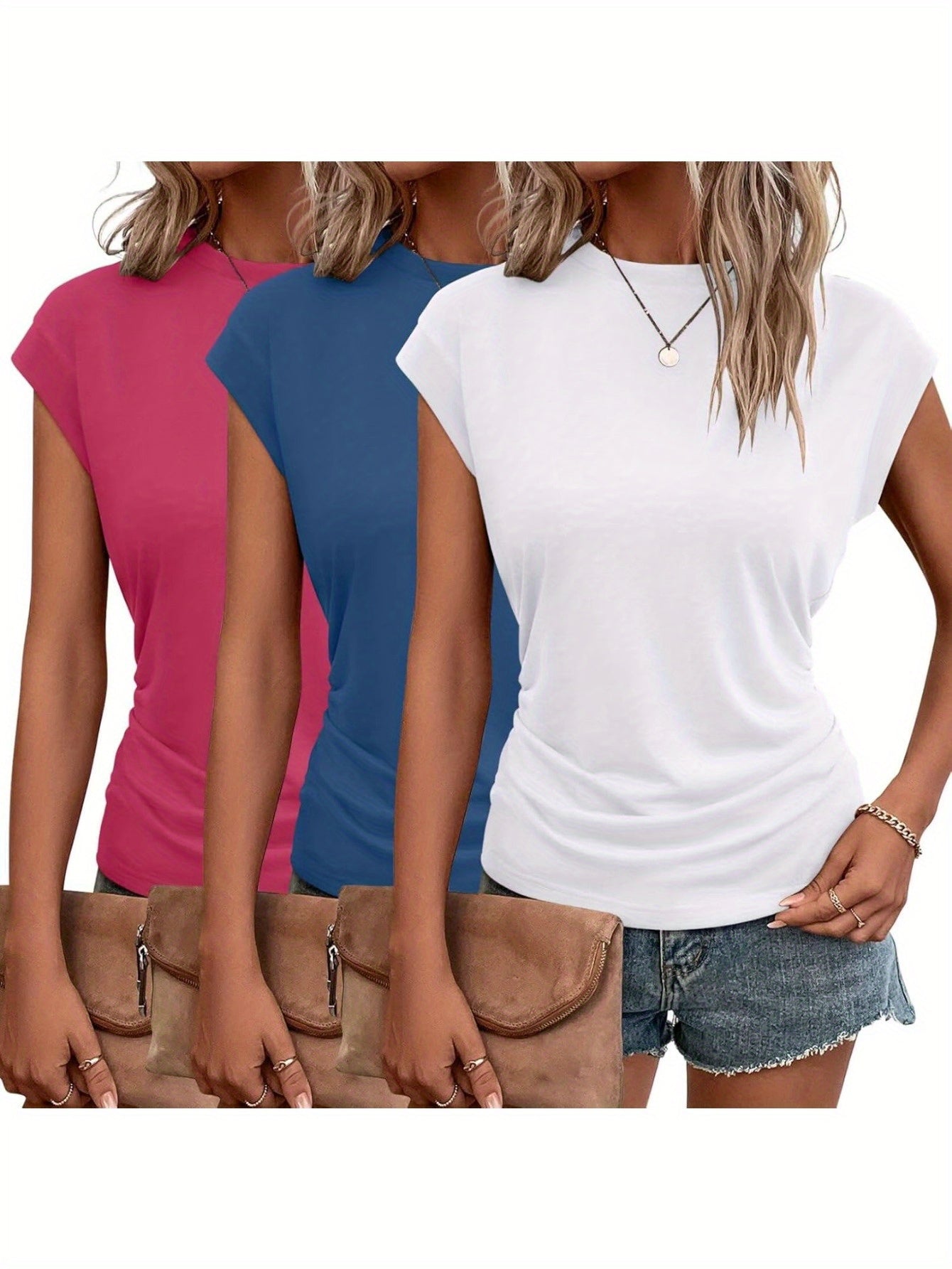 3-Pack Women's Cap Sleeve Crewneck T-Shirts for Versatile Style