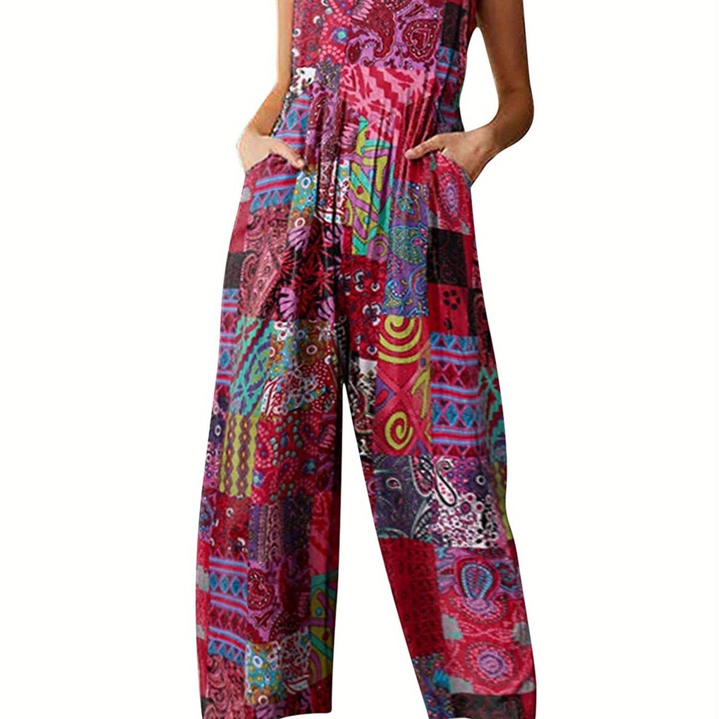 Boho Floral Print Women's Summer Jumpsuit with Pockets