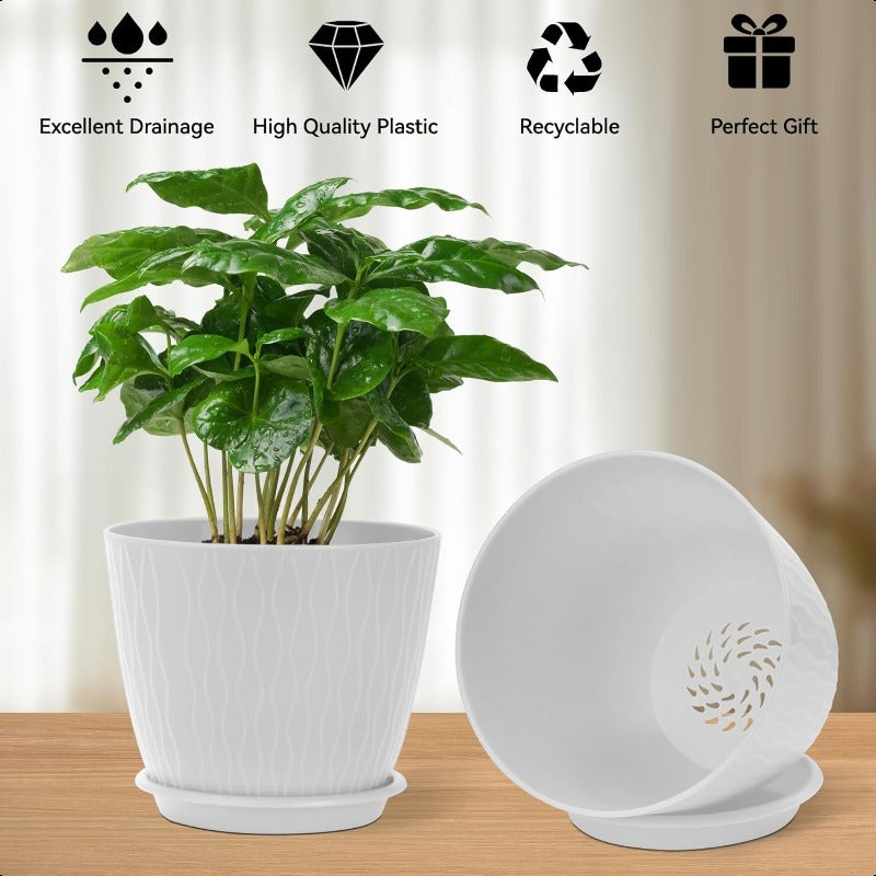 6 Inch Ceramic Plant Pots with Drainage Holes and Saucers for Indoor and Outdoor Plants Pack of 5 White Vintage Design