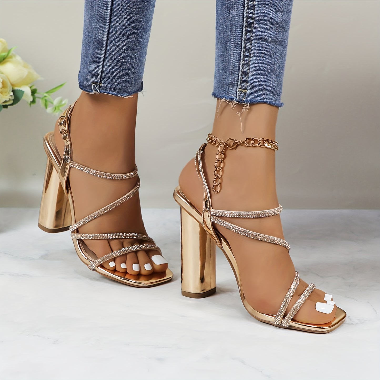 Glaze Womens Silvery Rhinestone Open Toe Strappy High Heel Sandals Ankle Strap for Wedding Party Office