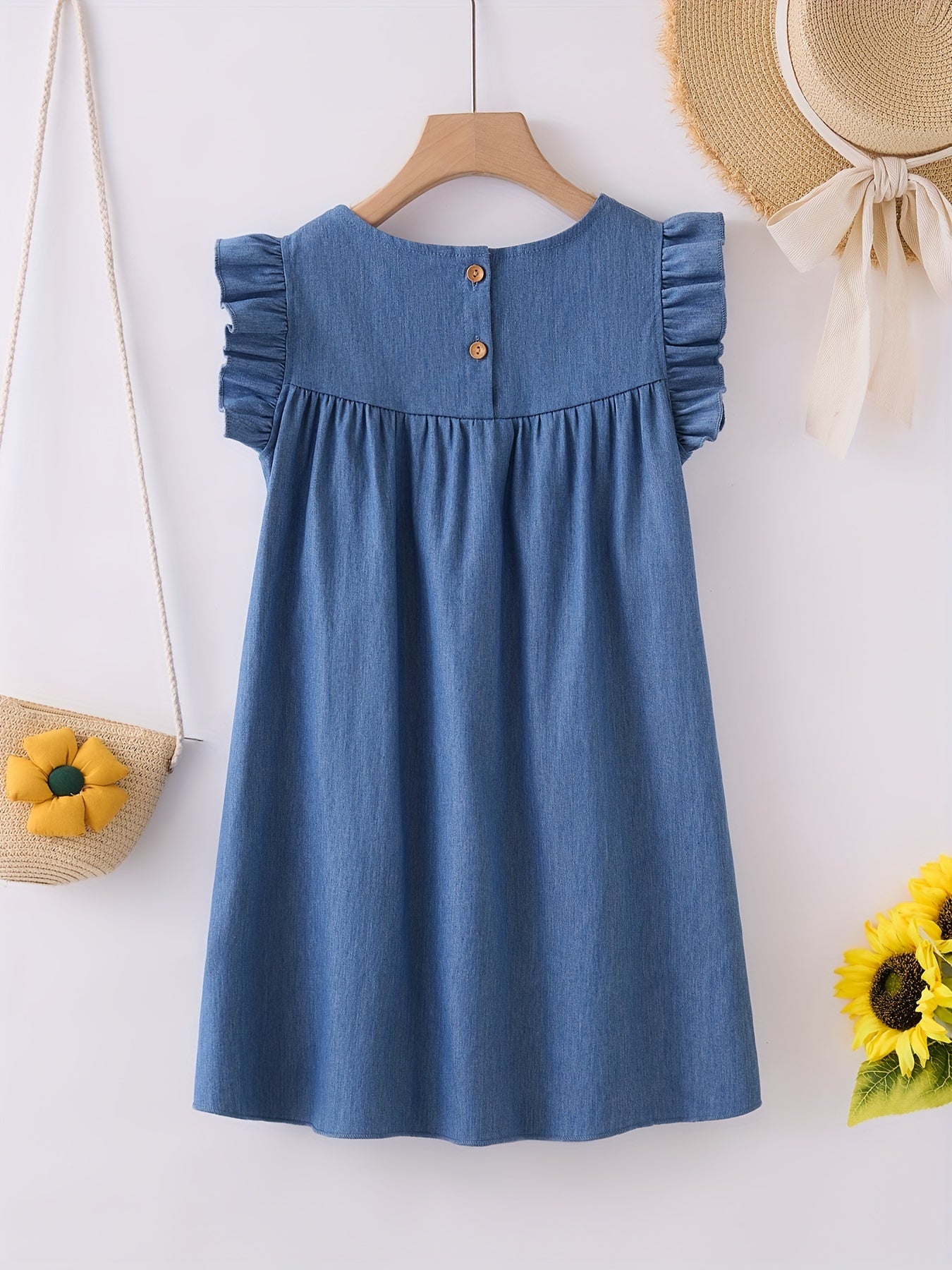 Girls Cotton Embroidered Denim Dress Frill Sleeve Loose Casual Fashion Dress