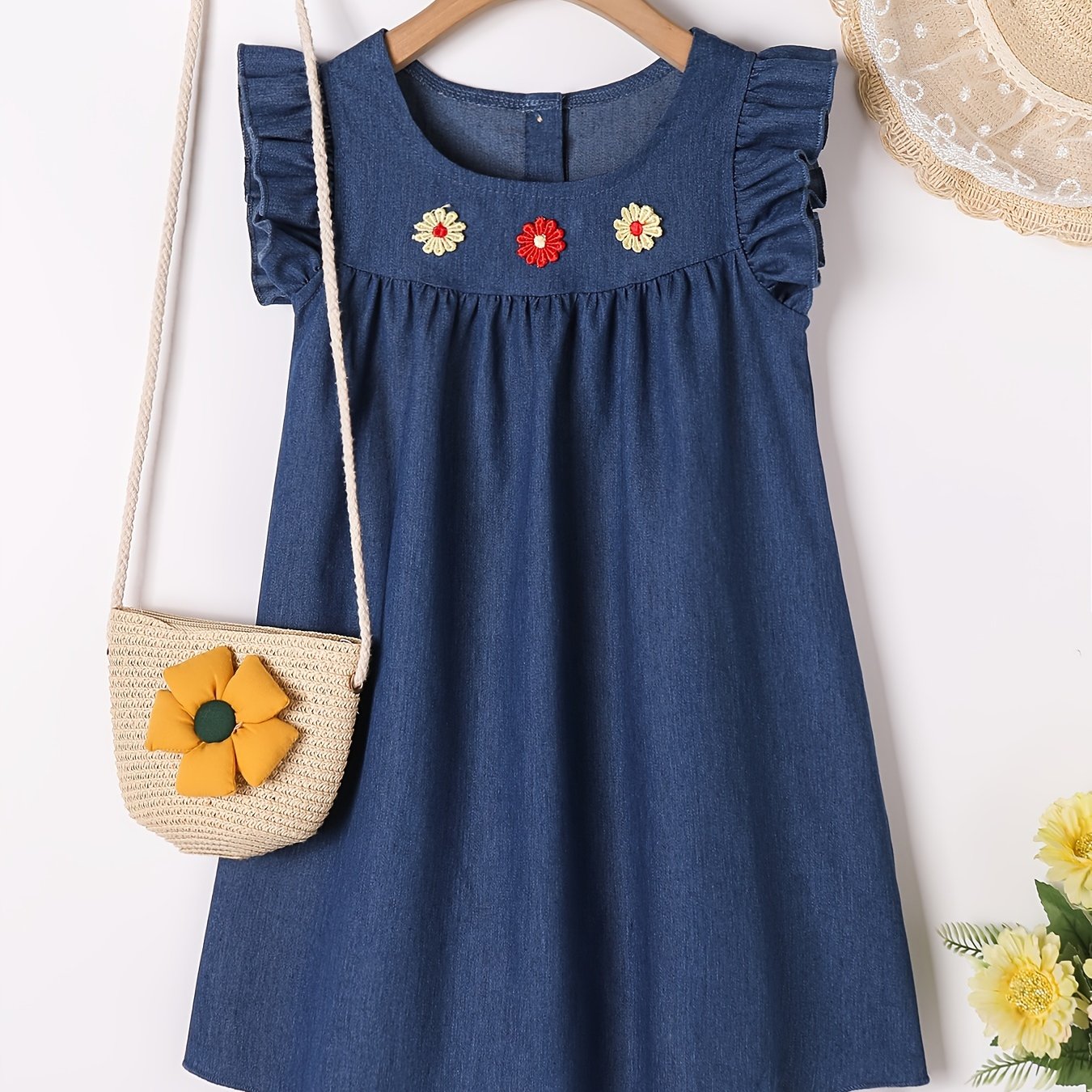 Girls Cotton Embroidered Denim Dress Frill Sleeve Loose Casual Fashion Dress