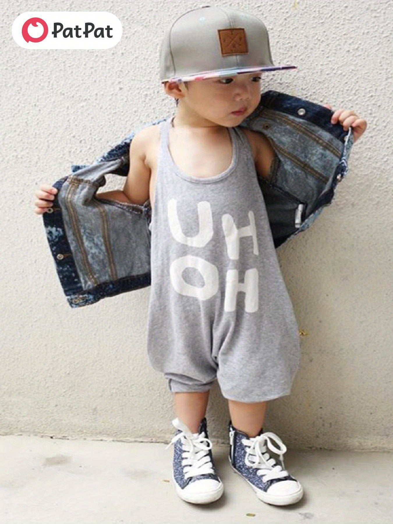 Stylish PatPat Baby Girl Boy Loose Letters Print Sleeveless Summer Backless Halter Jumpsuit for Outdoor Use