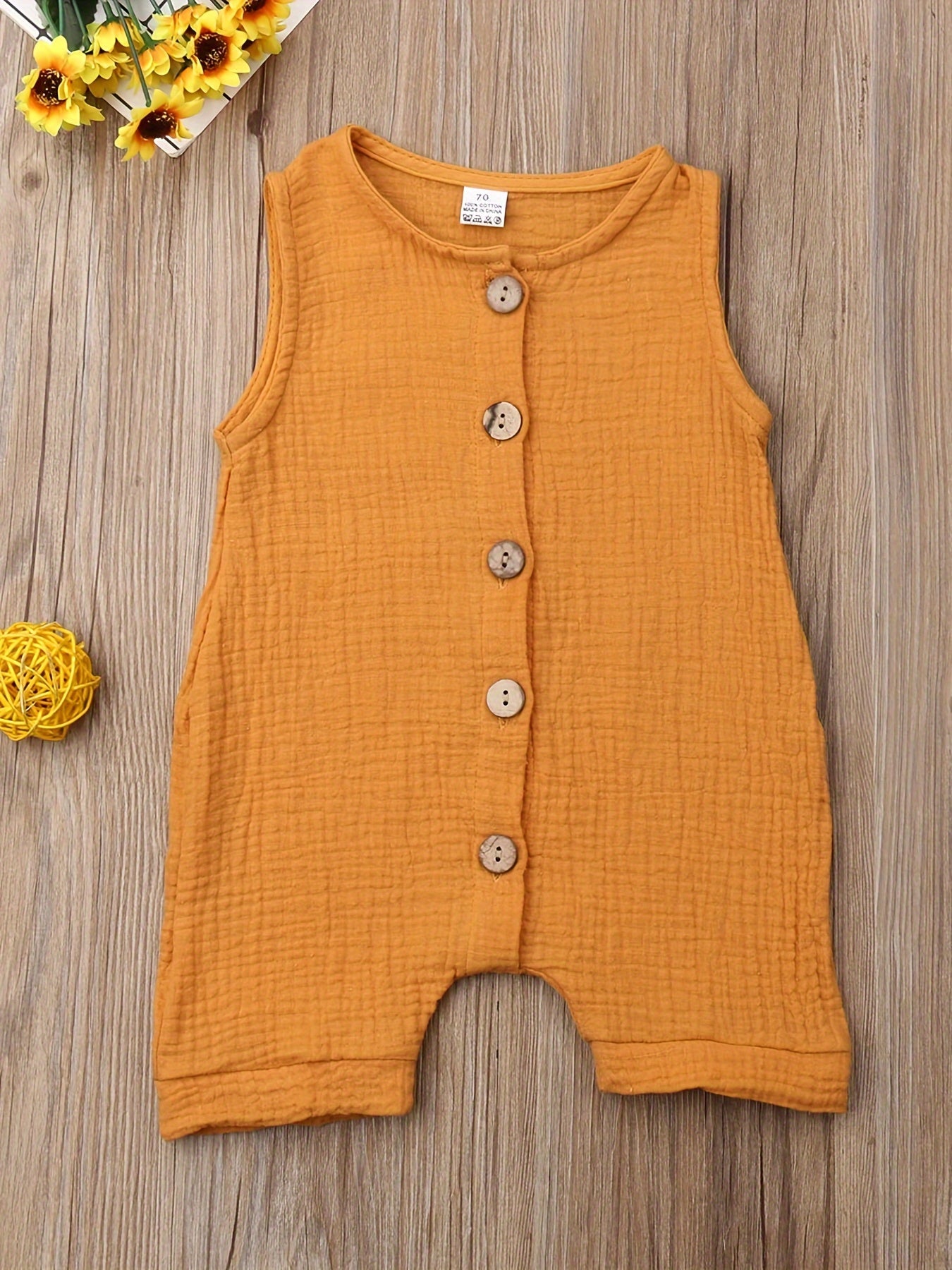 Newborn Baby Boy Sleeveless Solid Color Jumpsuit Crew Neck Button Romper Playsuit Summer Outdoor Clothes