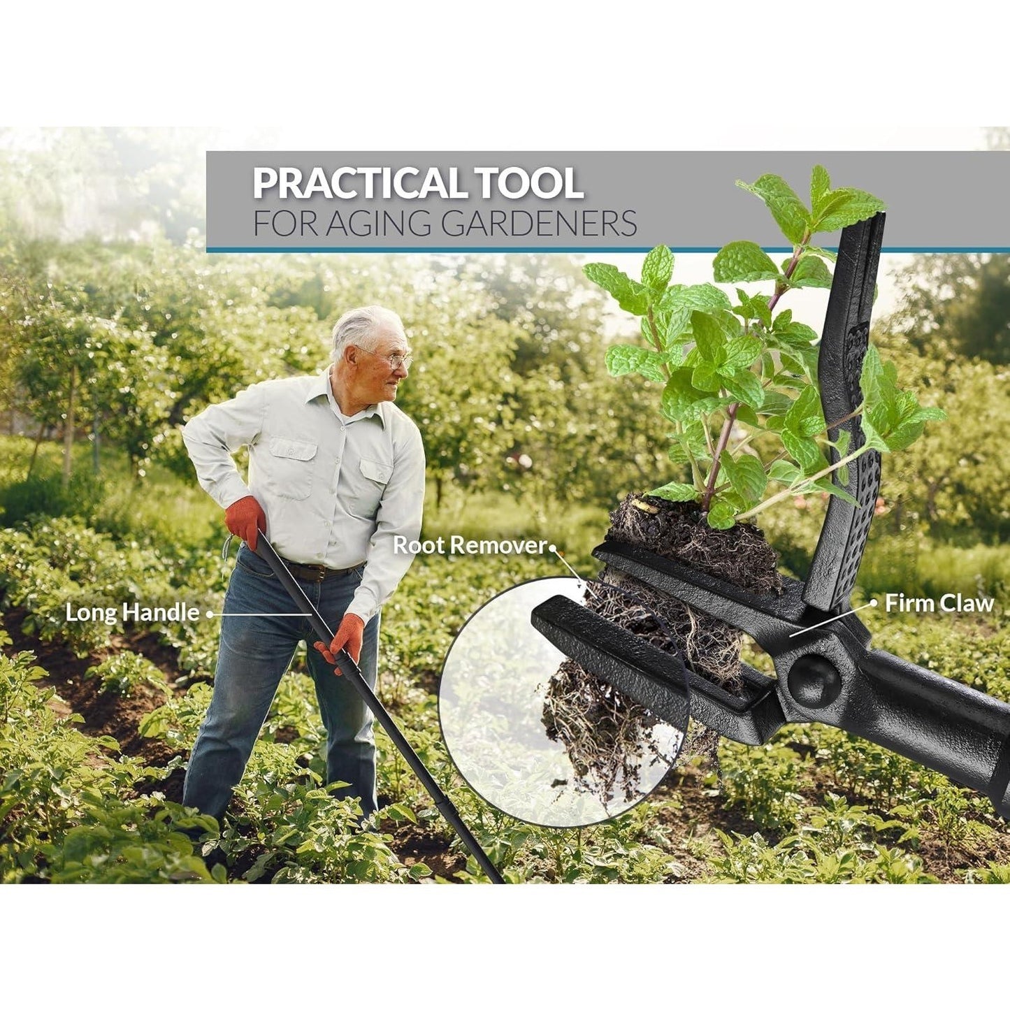 Weeder Kit with Gardening Gloves Long Handled Weeder Tool Standing Weeder with 4 Claw Steel Tip Garden Weeder Tool for Easy Weed Removal Without Bending or Kneeling