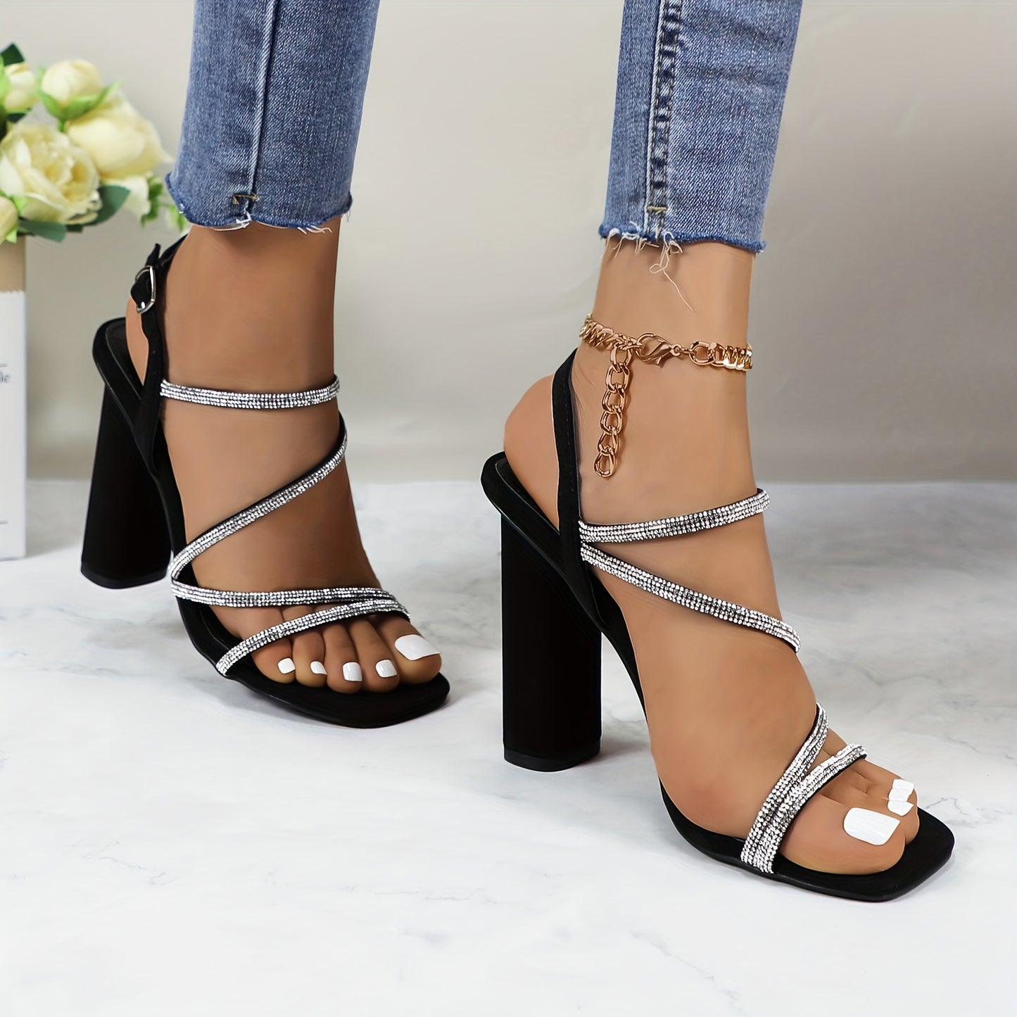 Glaze Womens Silvery Rhinestone Open Toe Strappy High Heel Sandals Ankle Strap for Wedding Party Office