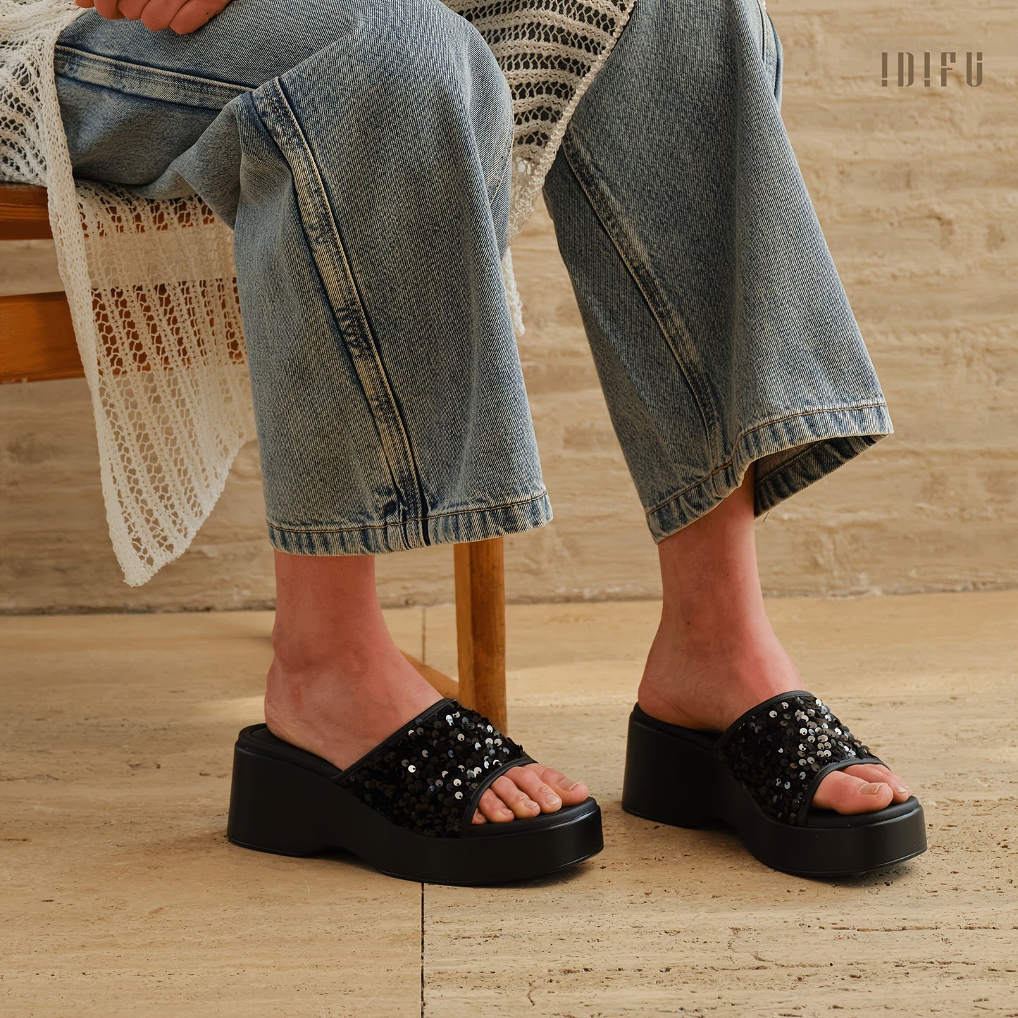 IN3 Platform Wedge Sandals for Women Sparkly Low Chunky Slides Summer Beach Cute Comfortable Slip On Wedges Square Open Toe Trendy Small Dressy Womens Sandals