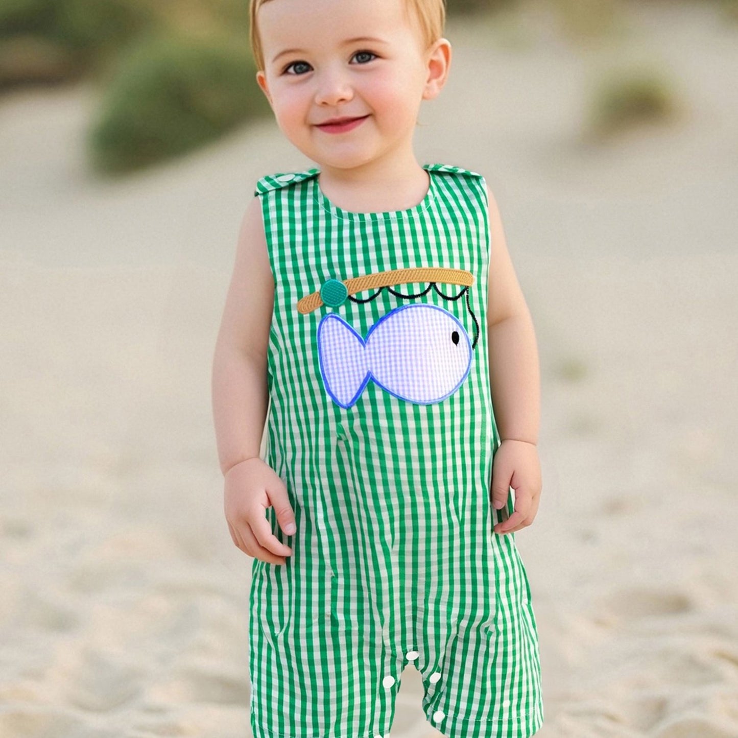 Baby Boys Summer Romper Embroidered Fish Plaid Sleeveless Jumpsuit Loose Fit Machine Washable Infant Overalls Newborn Breathable Casual Outfit Easy Diaper Change Soft Text