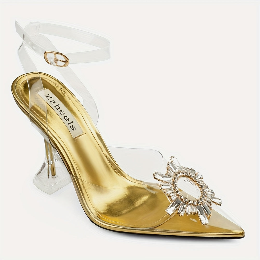 Women's Sparkling Rhinestone Embellished Ankle Strap Slingback High Heel Pumps Pointed Toe Summer Wedding Party Bridal Shoes Faux Cover Rubber Sole