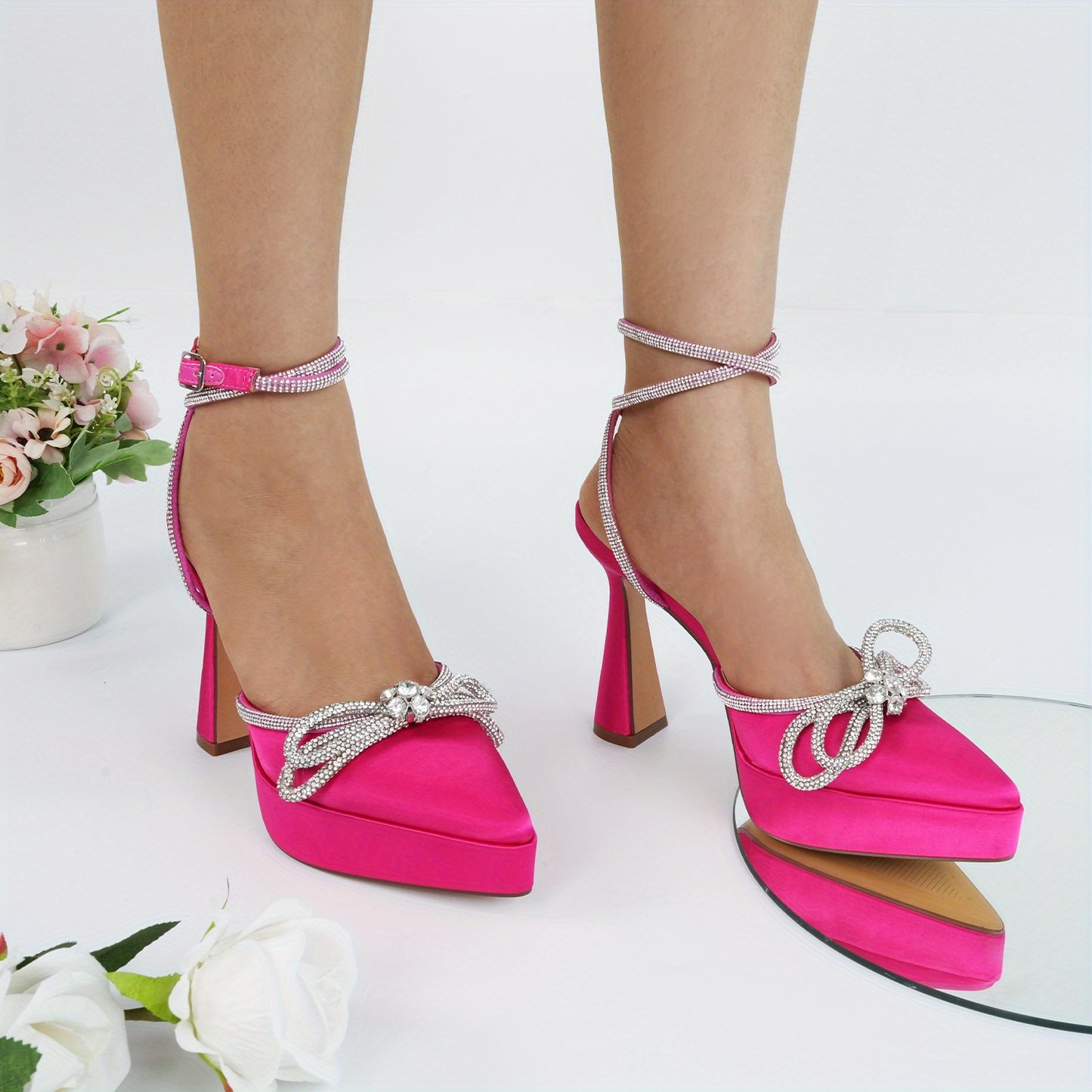 Women's Platform Heels Ankle Strap Pumps High Heeled Pointed Toe Stiletto Sandals with Rhinestones and Bow Knot for Party and Prom