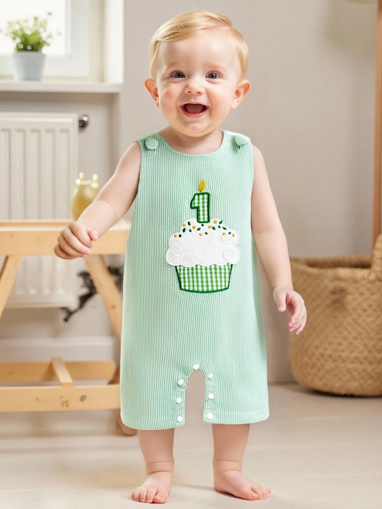 Baby Boys Rompers Birthday Clothes Cake Embroidery Stripe Summer Sleeveless Overalls Bodysuits Jumpsuits for Outdoor