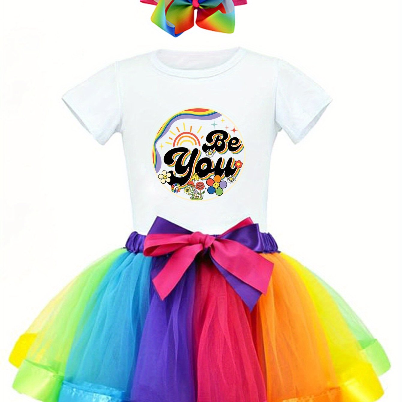 PUEMCO Girls 3pcs Rainbow Print Outfit Casual Crew Neck T-Shirt With Be You Graphic And Colorful Tutu Skirt Set Cotton Ideal For Outdoor Leisure And Home Wear