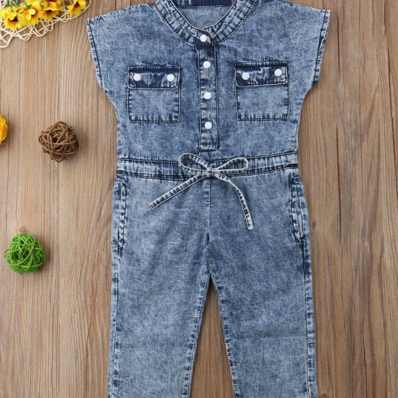 Girls Denim Jumpsuit Cute Sleeveless Folded Collar Button Outfit with Chest Pockets All Season Solid Color Woven Clothing