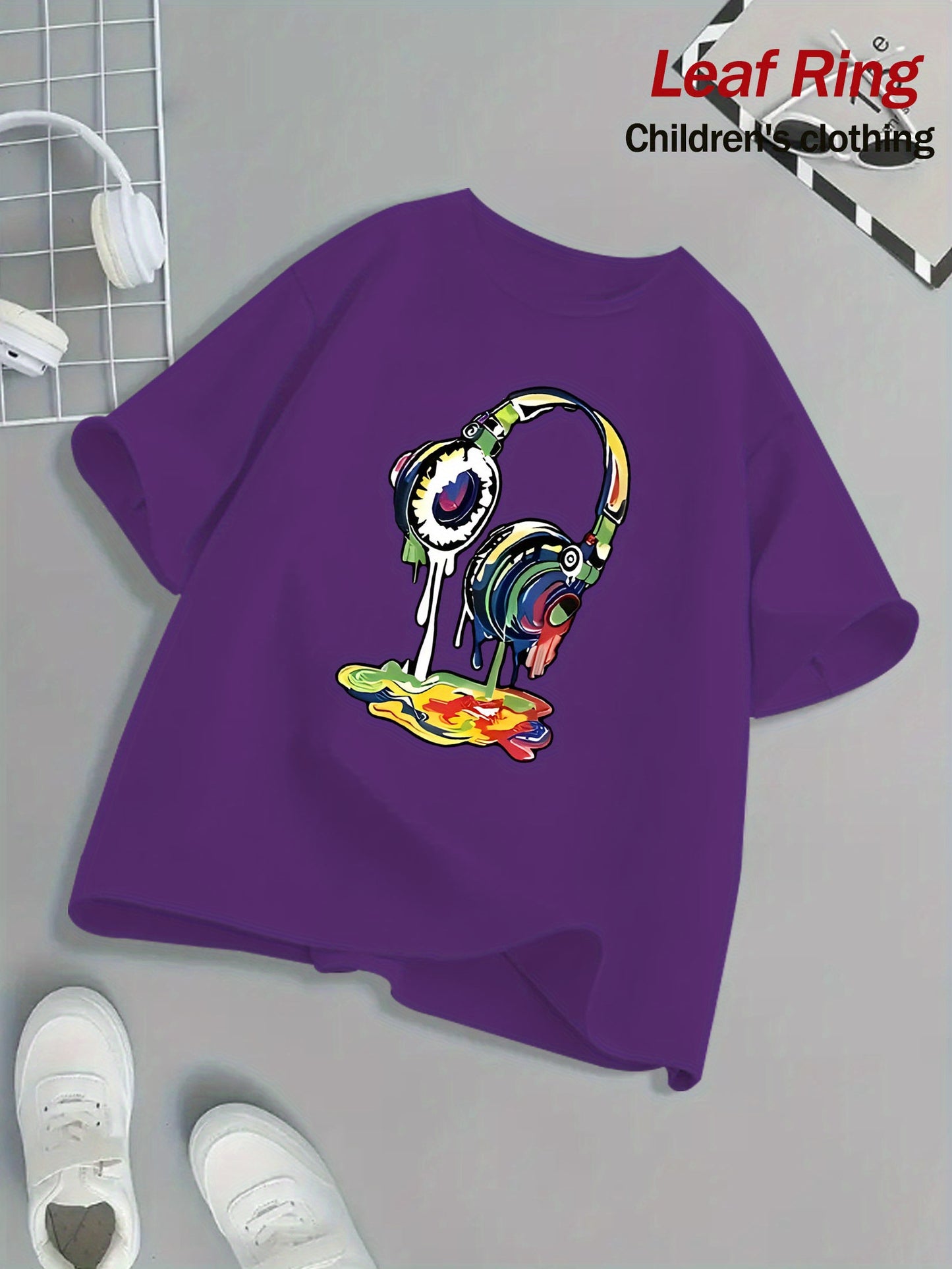 Kids Headphone Paint Print T-Shirt Vibrant Street Art Graphic Tee 10 Color Options 100 Percent Cotton Loose Fit Short Sleeve Summer Casual Wear for Boys and Girls Machine Washable Festive Children's Clothing Trendy Youth Fashion