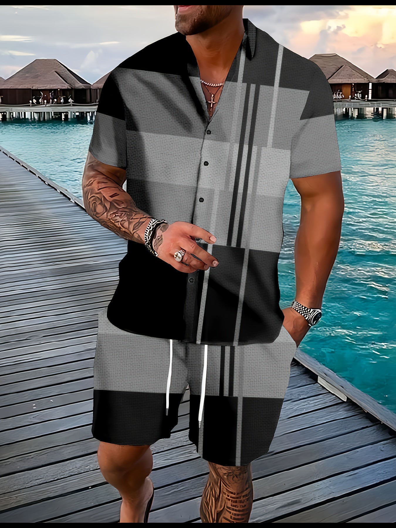 Men's Graphic Plaid Shirt Set for Casual Outdoor Style