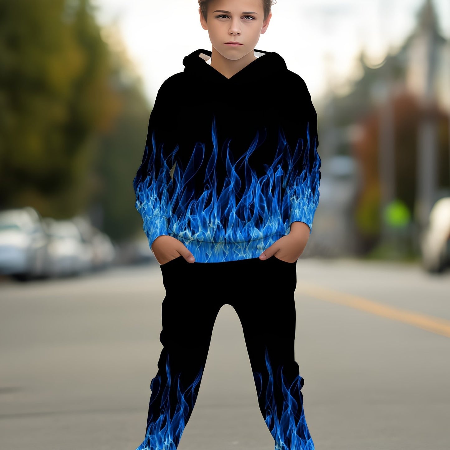 Boys 3D Printed Hoodie and Pant Set with Pockets