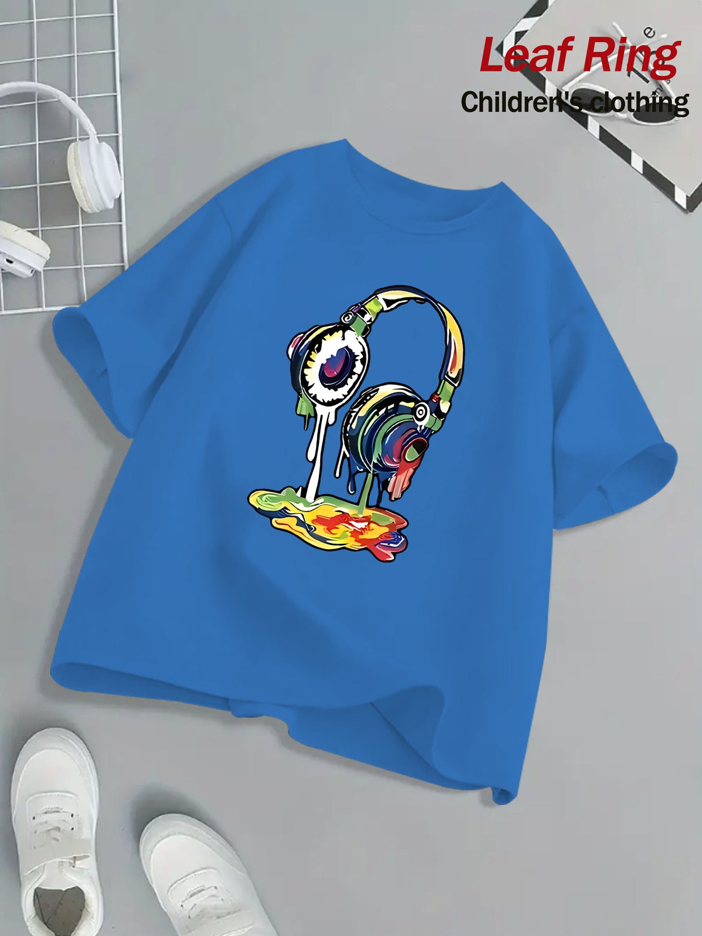 Kids Headphone Paint Print T-Shirt Vibrant Street Art Graphic Tee 10 Color Options 100 Percent Cotton Loose Fit Short Sleeve Summer Casual Wear for Boys and Girls Machine Washable Festive Children's Clothing Trendy Youth Fashion