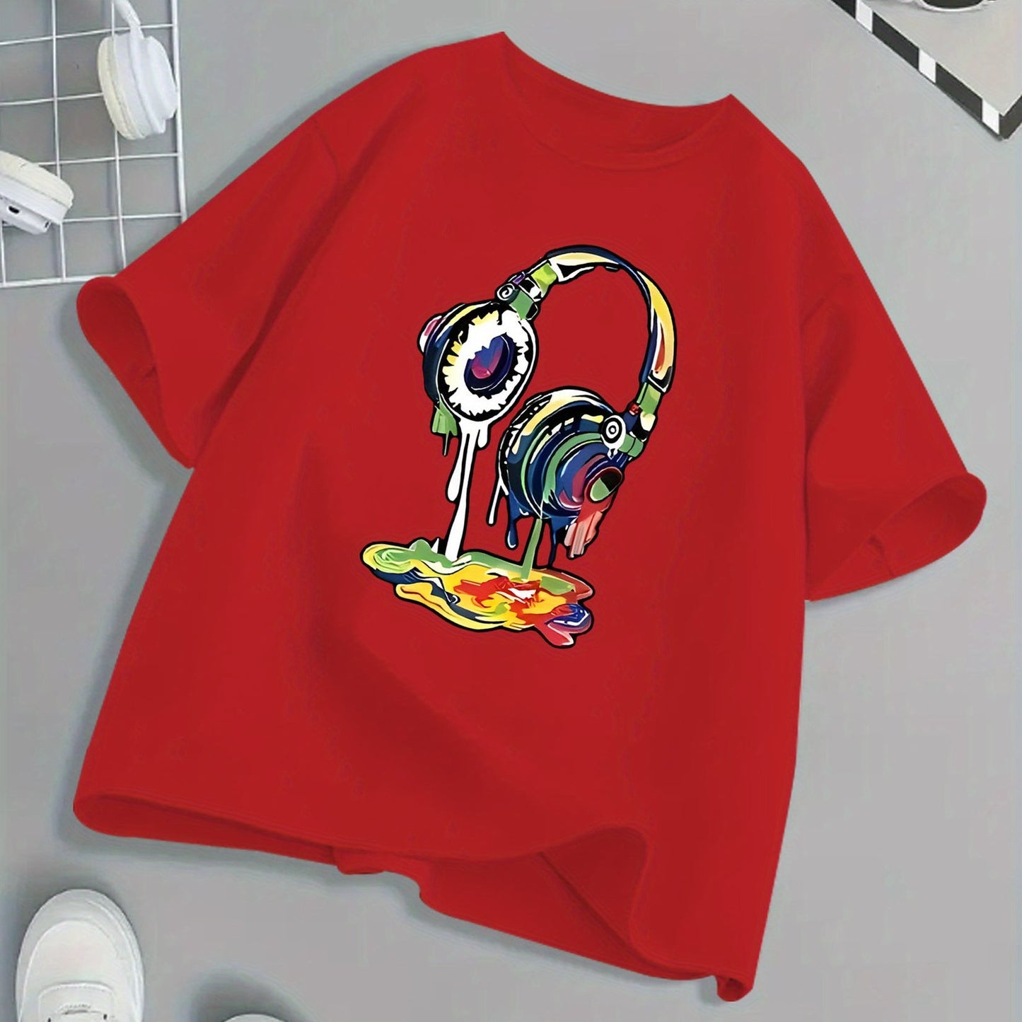 Kids Headphone Paint Print T-Shirt Vibrant Street Art Graphic Tee 10 Color Options 100 Percent Cotton Loose Fit Short Sleeve Summer Casual Wear for Boys and Girls Machine Washable Festive Children's Clothing Trendy Youth Fashion