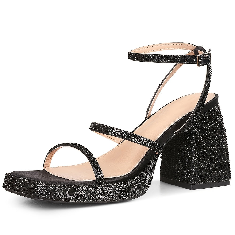 Women's Sparkly Rhinestone Platform Block Chunky High Heels Ankle Strap Square Open Toe Wedding Party Dress Shoes