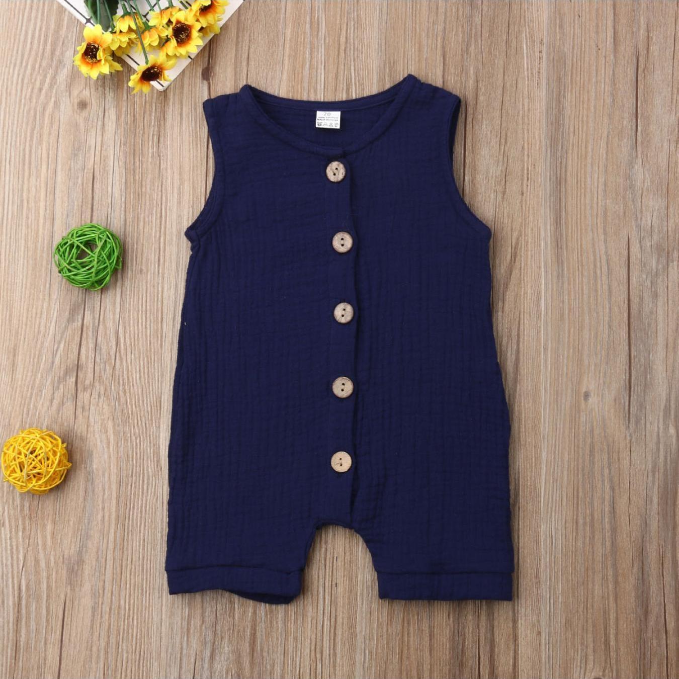 Newborn Baby Boy Sleeveless Solid Color Jumpsuit Crew Neck Button Romper Playsuit Summer Outdoor Clothes