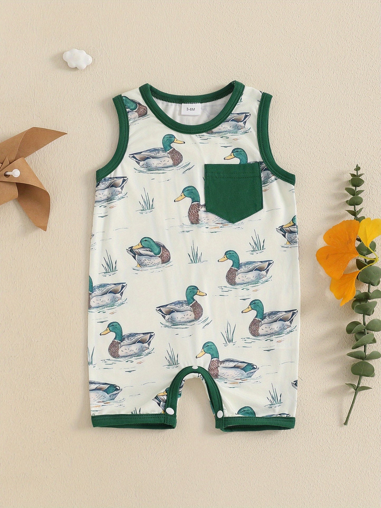 Baby Boy Duck Print Sleeveless Romper with Pocket Soft Polyester Blend Round Neck Light Blue with Green Trim Summer Bodysuit for Infants