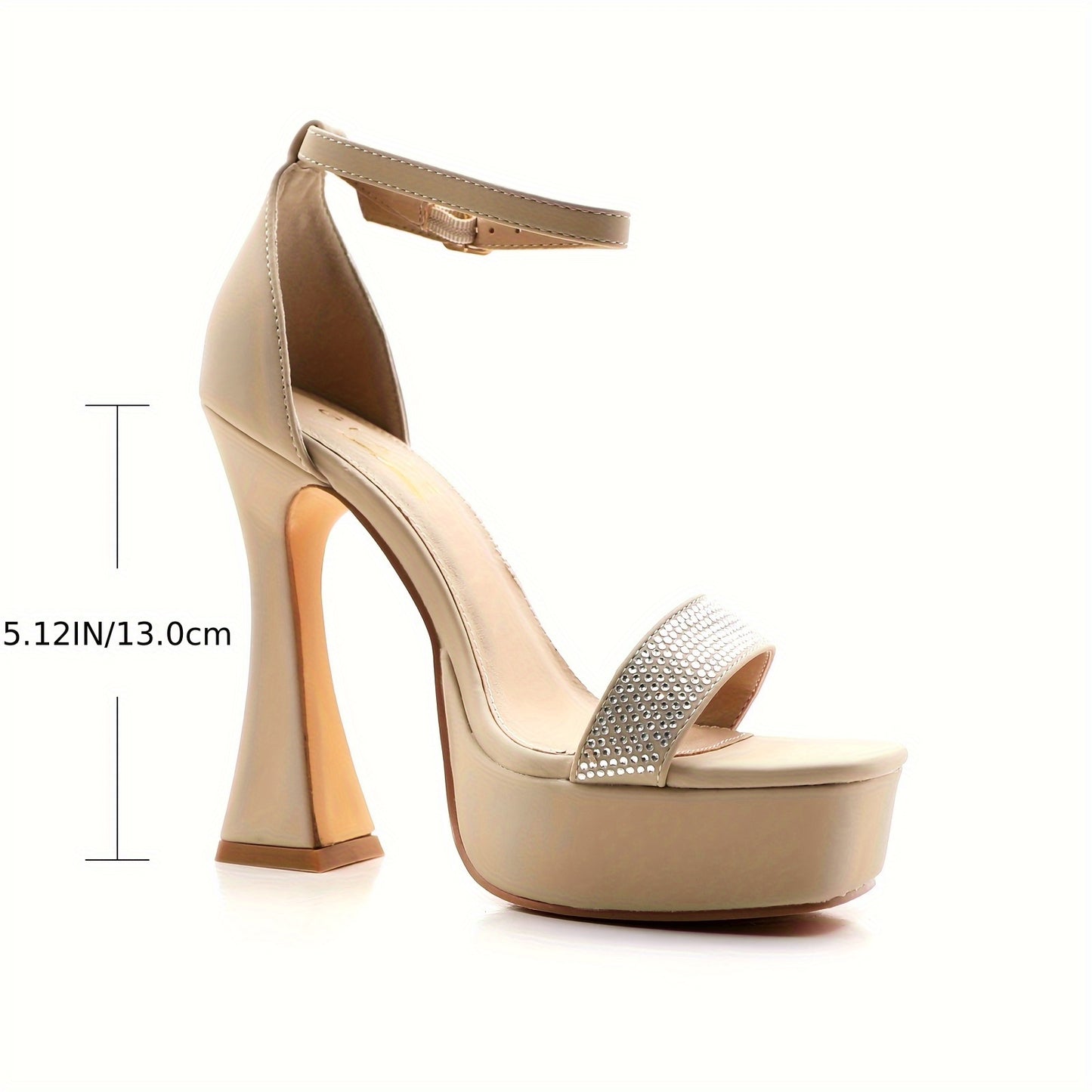 Women's Rhinestone Ankle Strap Chunky Platform Sandals High Quality French Heel Open Toe Wedding and Party Dress Shoes Beige PU Synthetic Cover Summer Formal Footwear Rhinestone Embellishments Glossy Finish Wedding Shoes