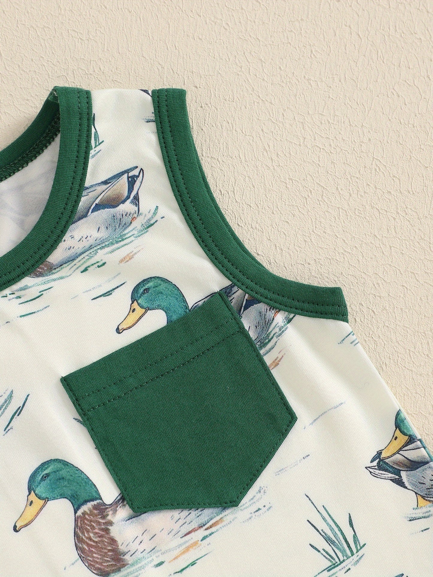 Baby Boy Duck Print Sleeveless Romper with Pocket Soft Polyester Blend Round Neck Light Blue with Green Trim Summer Bodysuit for Infants