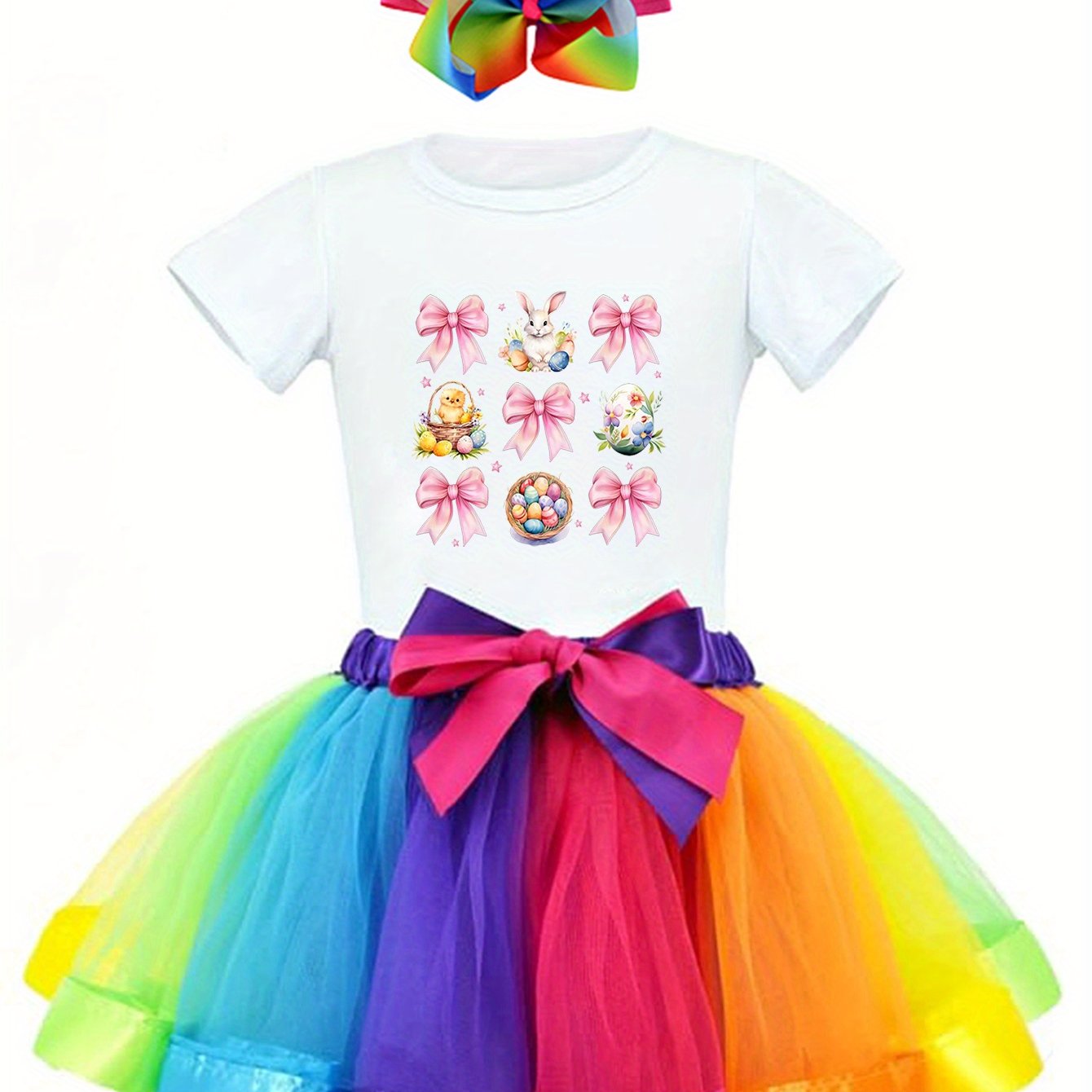 Rainbow Print Three-Piece Skirt Outfit Colorful Tutu Skirt Set for Outdoor Leisure and Home Wear