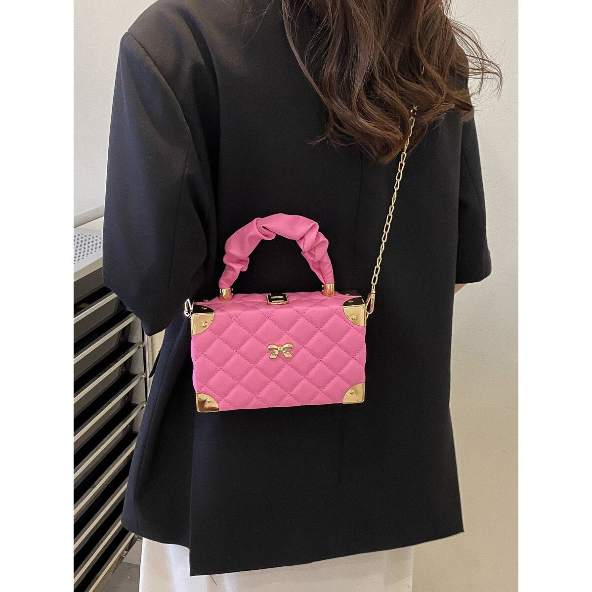 Quilted Cloud-Shaped Mini Box Bag with Bow Detail