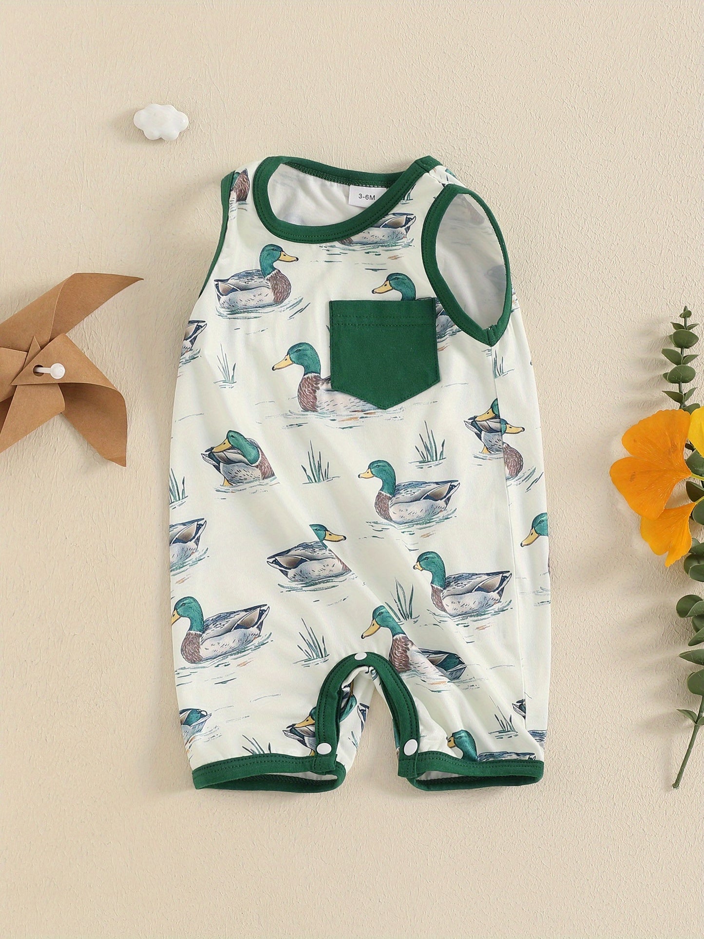 Baby Boy Duck Print Sleeveless Romper with Pocket Soft Polyester Blend Round Neck Light Blue with Green Trim Summer Bodysuit for Infants