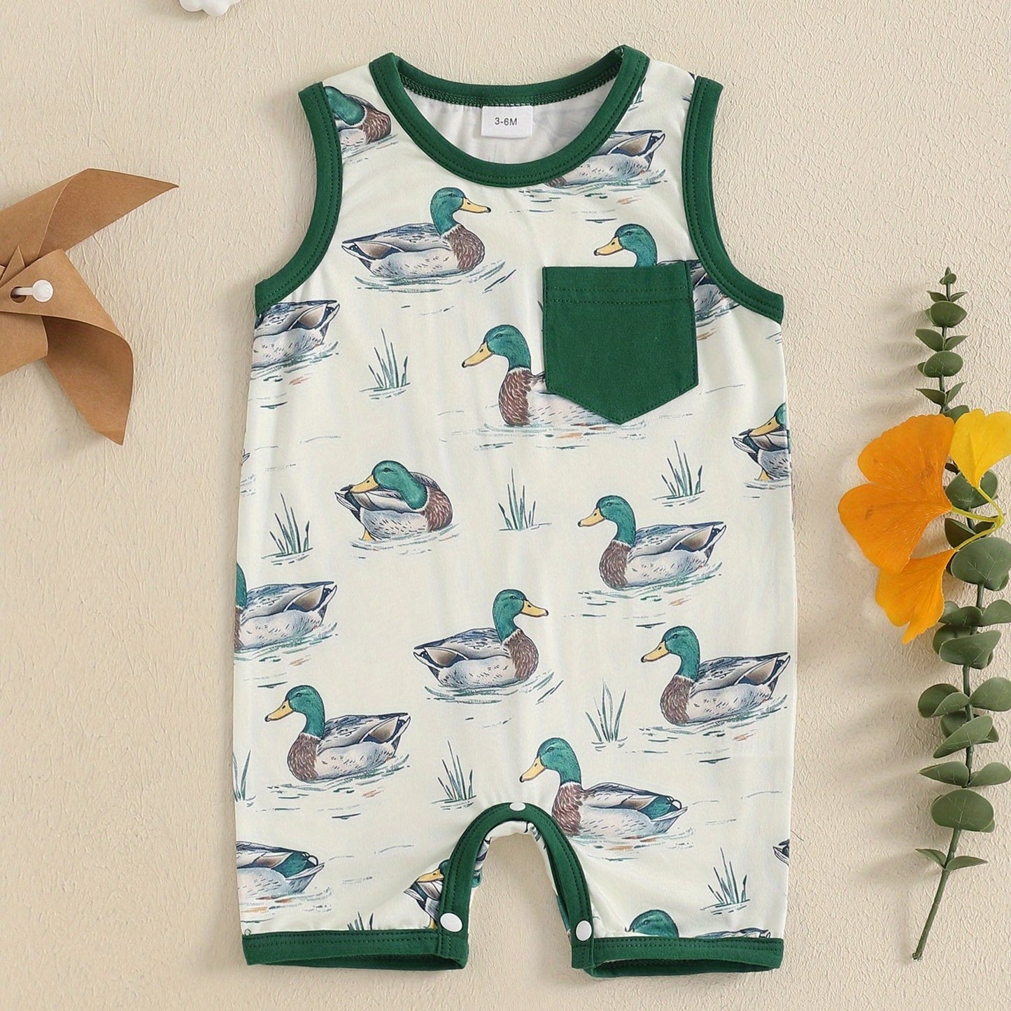 Baby Boy Duck Print Sleeveless Romper with Pocket Soft Polyester Blend Round Neck Light Blue with Green Trim Summer Bodysuit for Infants