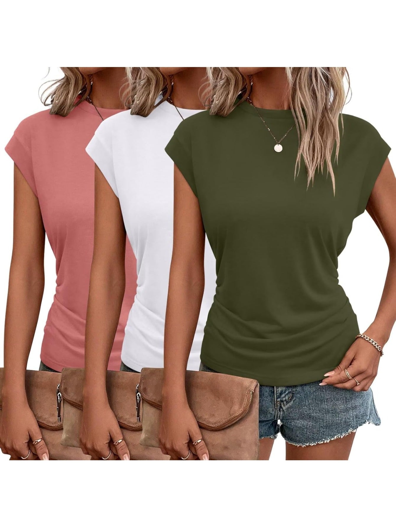 3-Pack Women's Cap Sleeve Crewneck T-Shirts for Versatile Style