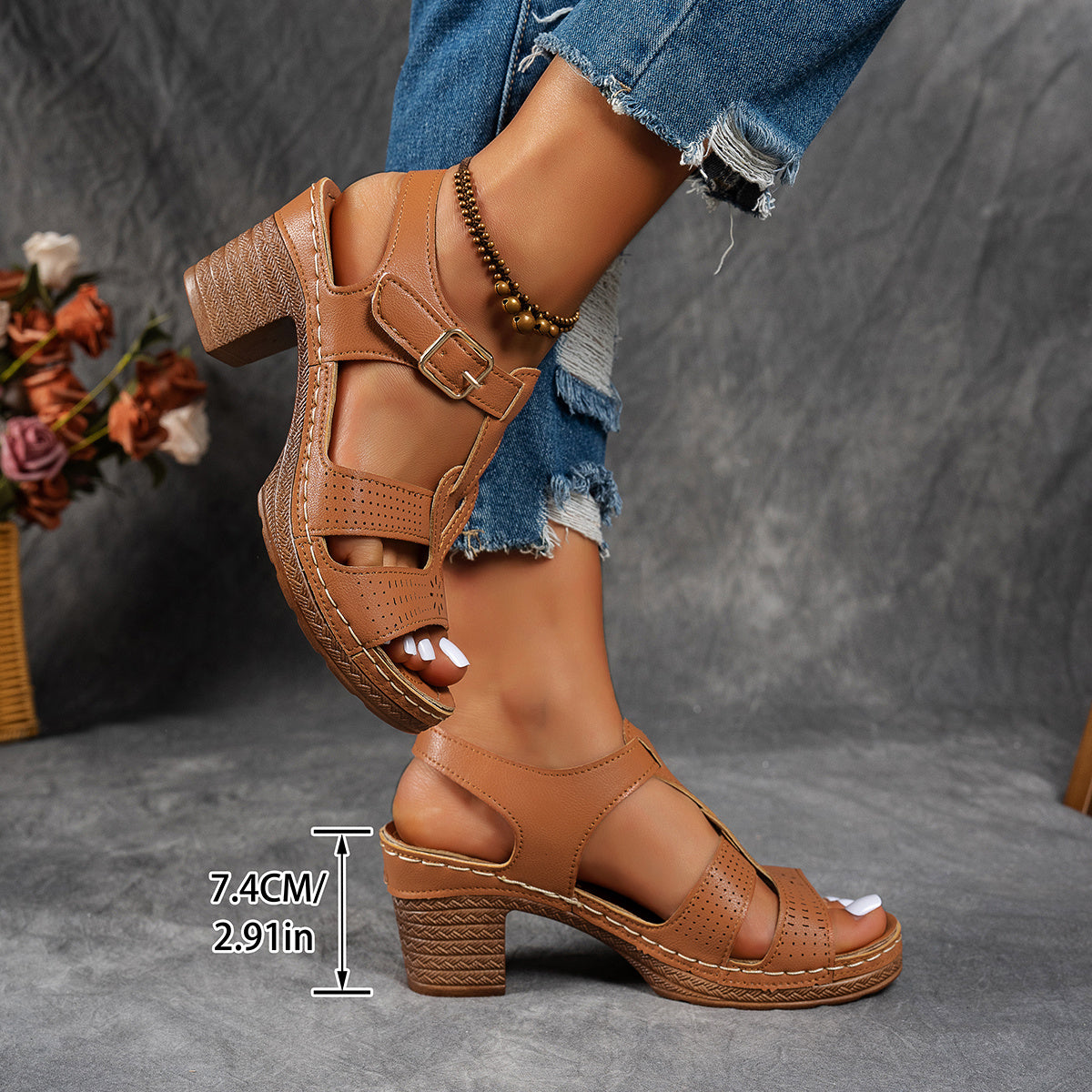Women's Chunky Heel Platform Sandals Open Toe Ankle Strap Buckle Closure Comfortable Casual and Dressy Summer Shoes Black and Brown