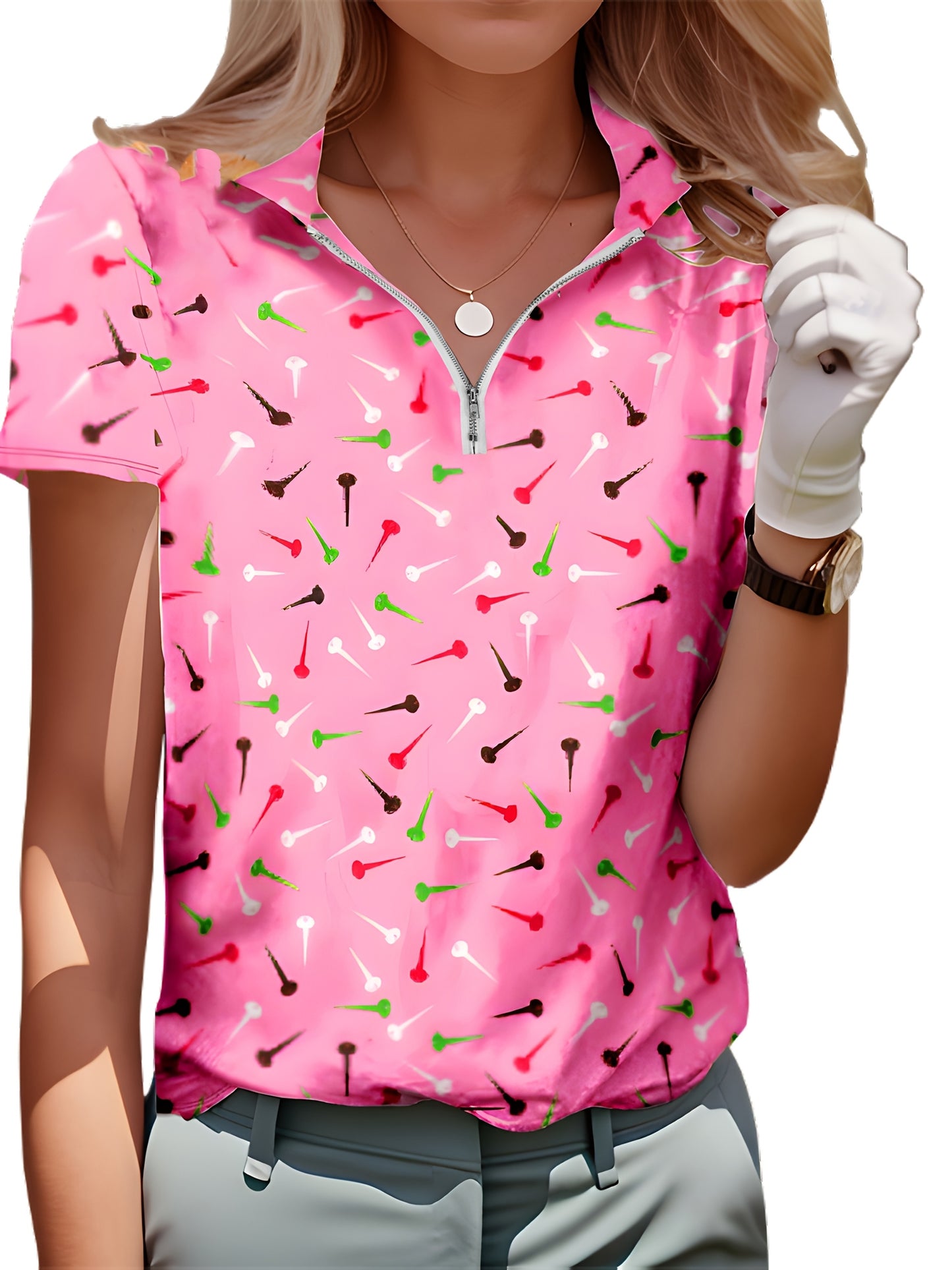 Women's Casual Golf Shirt with Geometric Print and Zipper Front