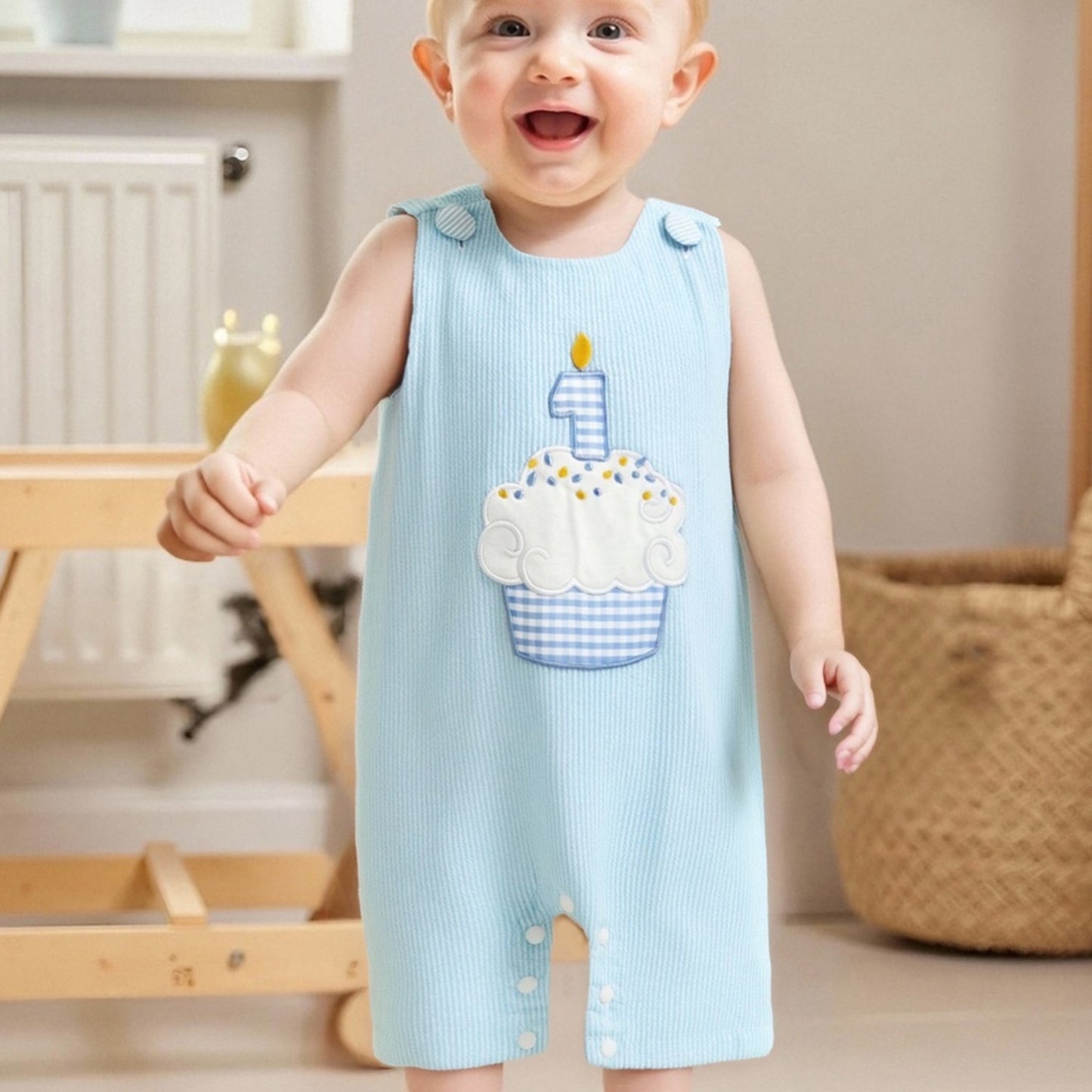 Baby Boys Rompers Birthday Clothes Cake Embroidery Stripe Summer Sleeveless Overalls Bodysuits Jumpsuits for Outdoor